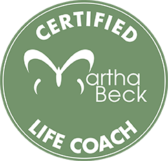 Green circular logo with white text that reads "Certified Life Coach" and includes a white butterfly graphic inside it, along with the name Martha Beck.