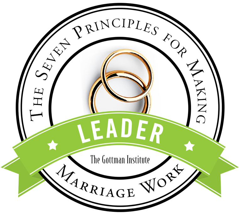 Green banner with the word "LEADER" in white, over a logo featuring three interlinked gold rings, and text reading "The Seven Principles for Making Marriage Work" and "The Gottman Institute."