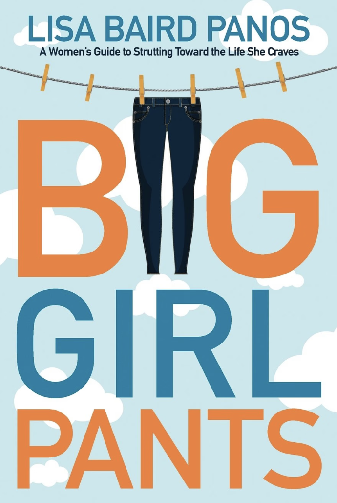 Book cover titled "Big Girl Pants" by Lisa Baird Panos, aka Lisa Baird Hoey, featuring a pair of jeans hanging on a clothesline against a sky background with clouds.
