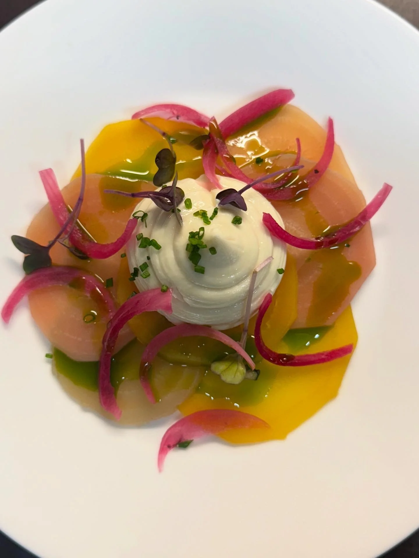 Beetroot starter with whipped goat’s cheese, pickled red onion and micro herbs