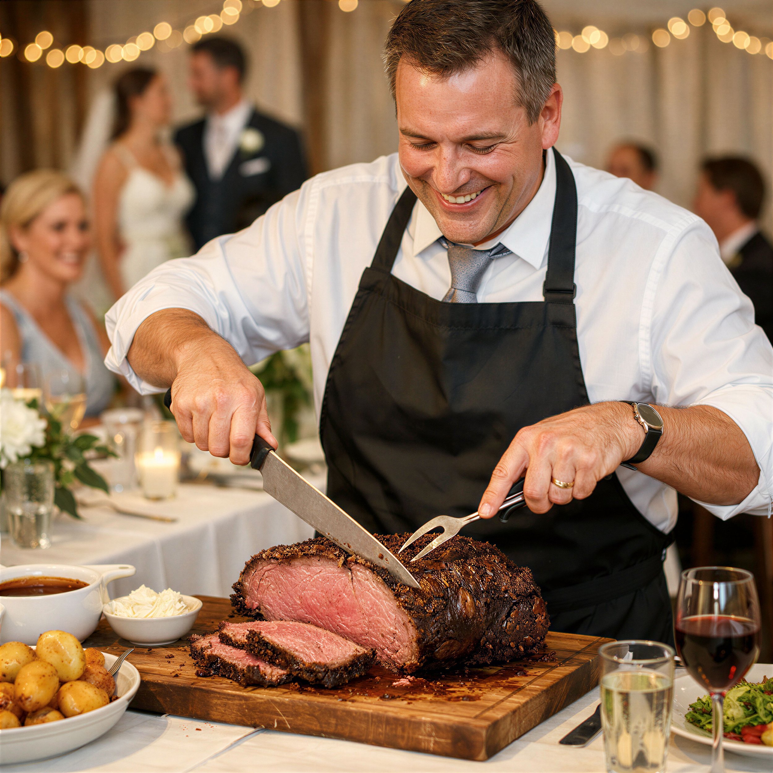 A Taste Cuisine chef smiling as he carves roast meat at a wedding reception.