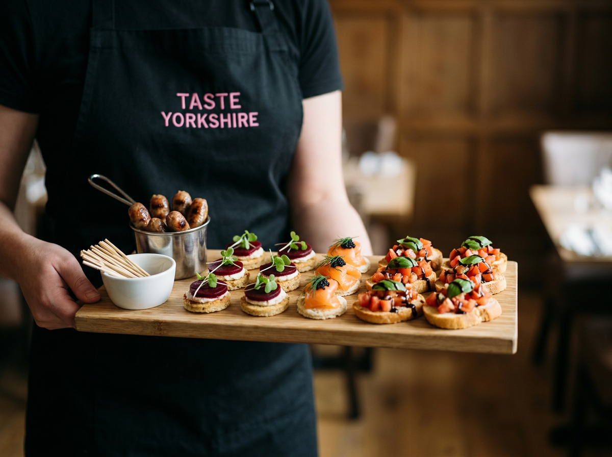 Beetroot and whipped goat's cheese, smoked salmon blinis and tomato bruschetta canapés on a wooden serving board