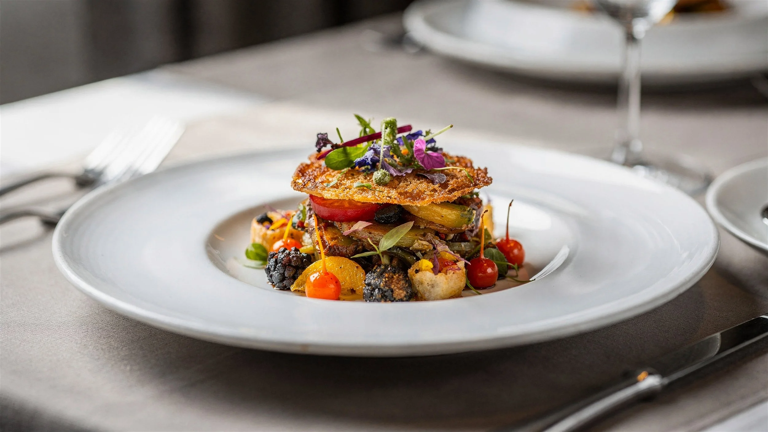 Wedding breakfast main course: a plated vegan dish of crisp roasted vegetables and tomato, finished with edible flowers.
