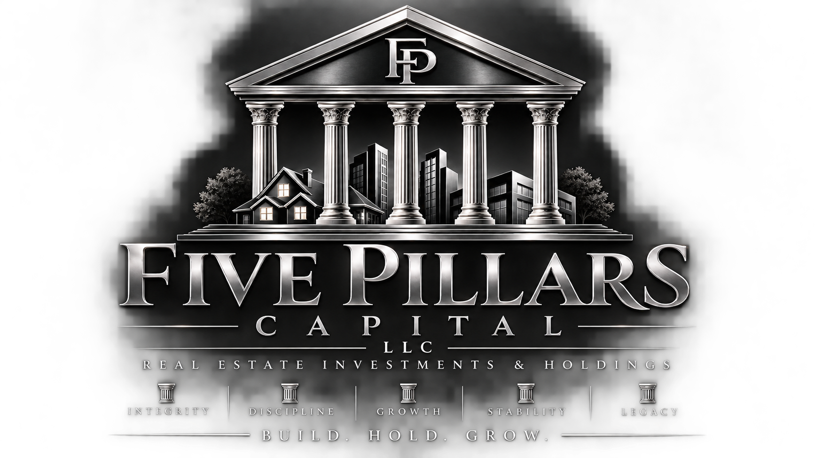 A logo for Five Pillars Capital LLC, a real estate investment and holdings company, featuring a classical building with columns, a house, and modern buildings in the background, with the words 'Build. Hold. Grow.' at the bottom.