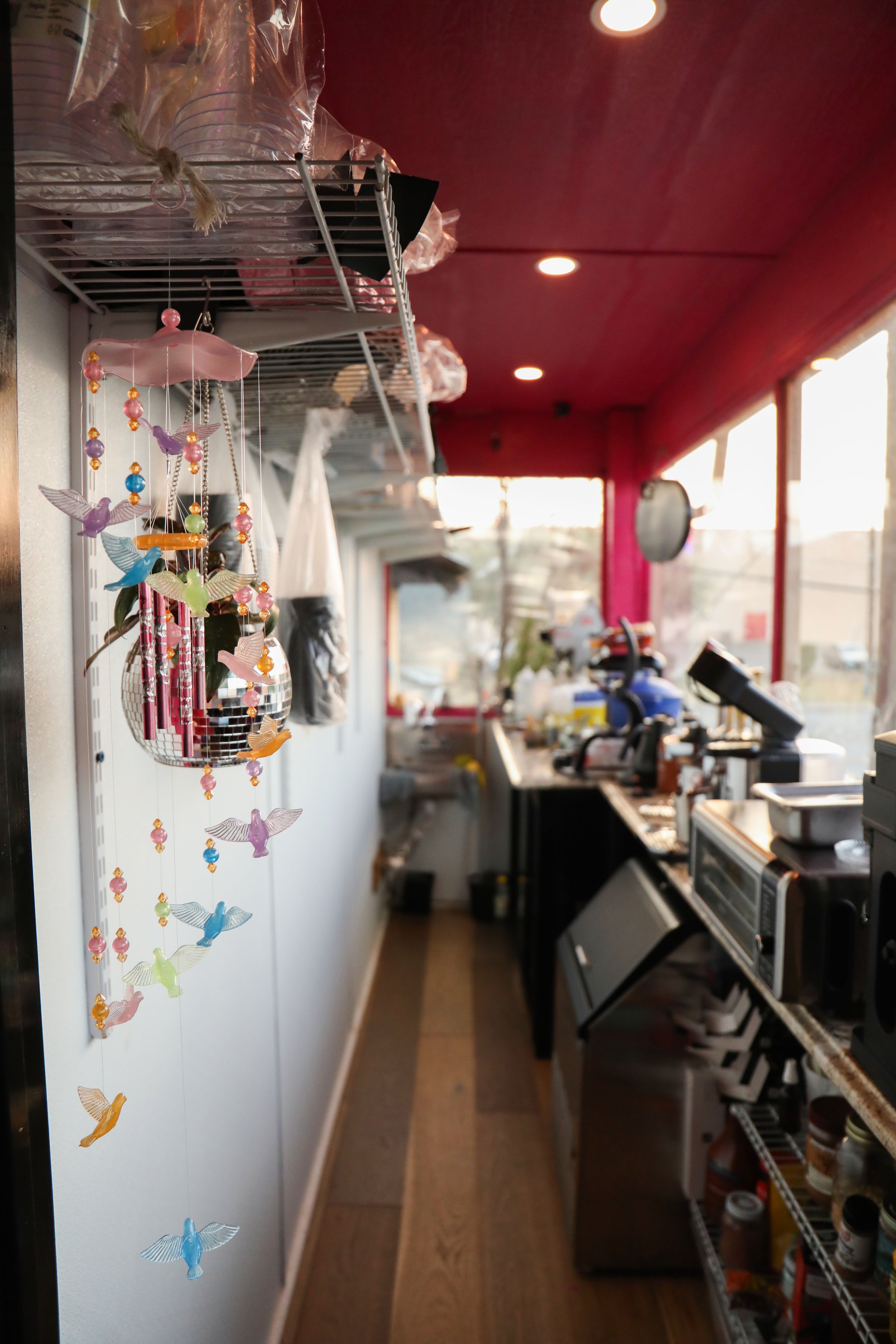 Interior of a restaurant or kitchen with red ceiling and fluorescent lights. Hanging from a wire shelf on the left side is a colorful decorative mobile with flying birds made of plastic or metal. The background shows various kitchen appliances, utens