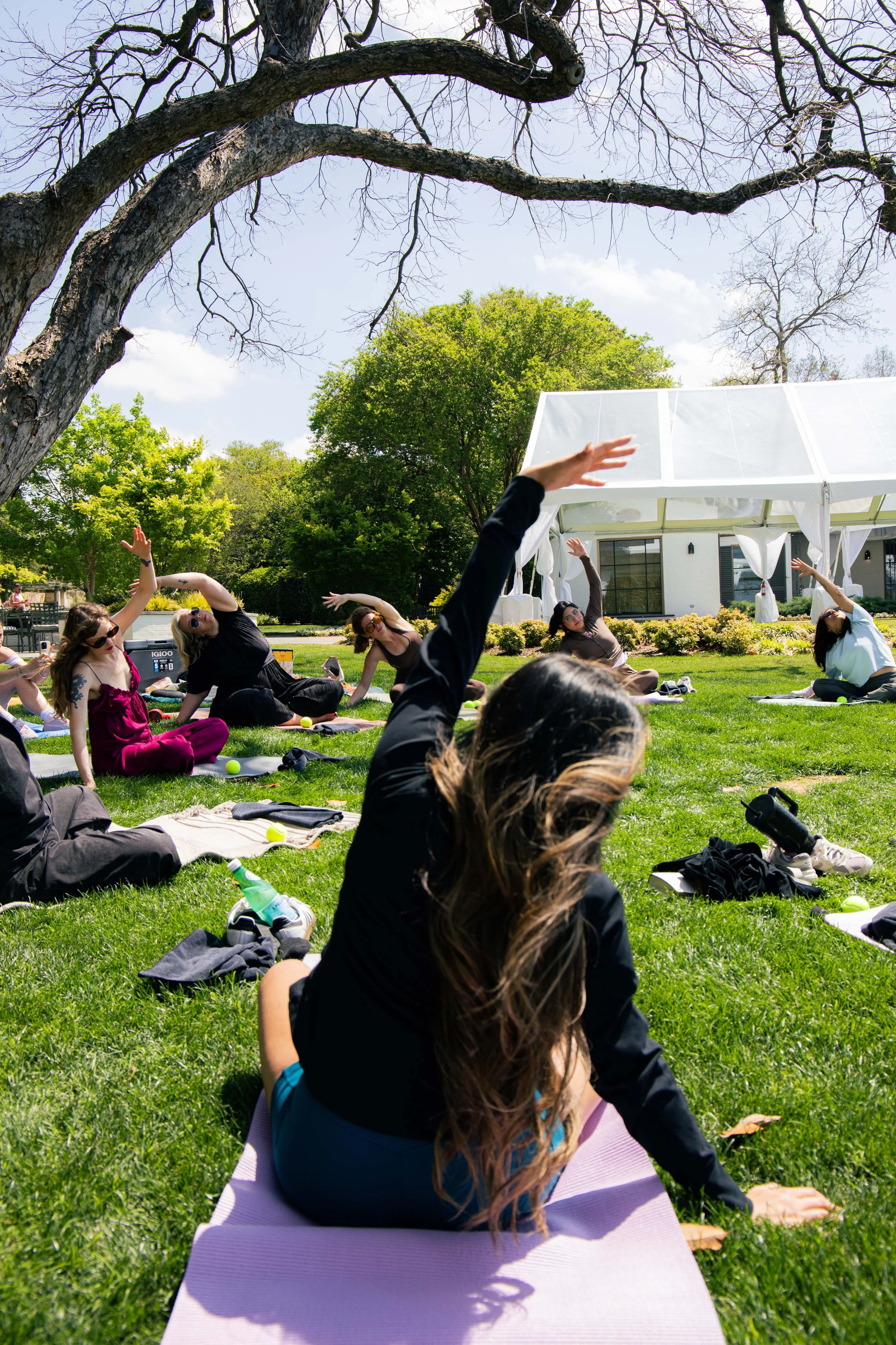 A group of people practicing yoga outdoors on the grass, seated on yoga mats with their arms raised in a stretching pose. In the background, there is a white pavilion and trees, some with bare branches, under a clear blue sky.