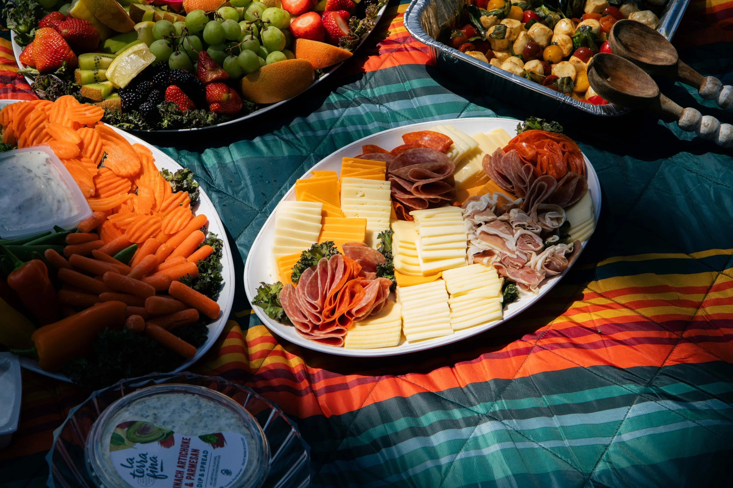A colorful outdoor picnic spread featuring a large tray of mixed fresh fruit such as strawberries, grapes, kiwi, and oranges, along with a cheese and cured meat platter, and a bowl of creamy dip, all arranged on a plaid tablecloth.