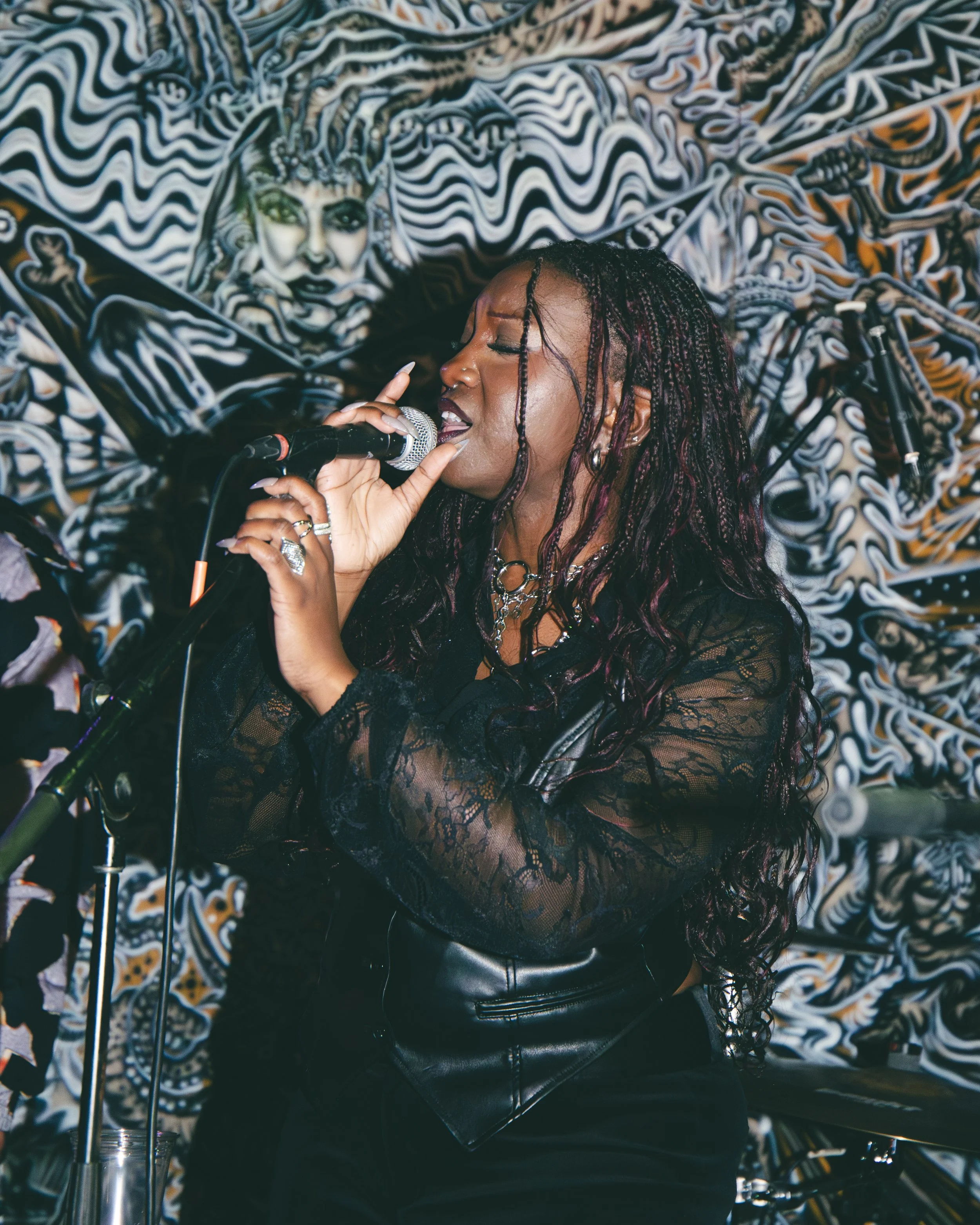 A woman with long braids sings into a microphone, holding it with one hand. She is wearing rings, earrings, and a black lace top. Behind her, there is a decorative fabric with a bold, wavy pattern featuring a face with a crown and long curly hair, am
