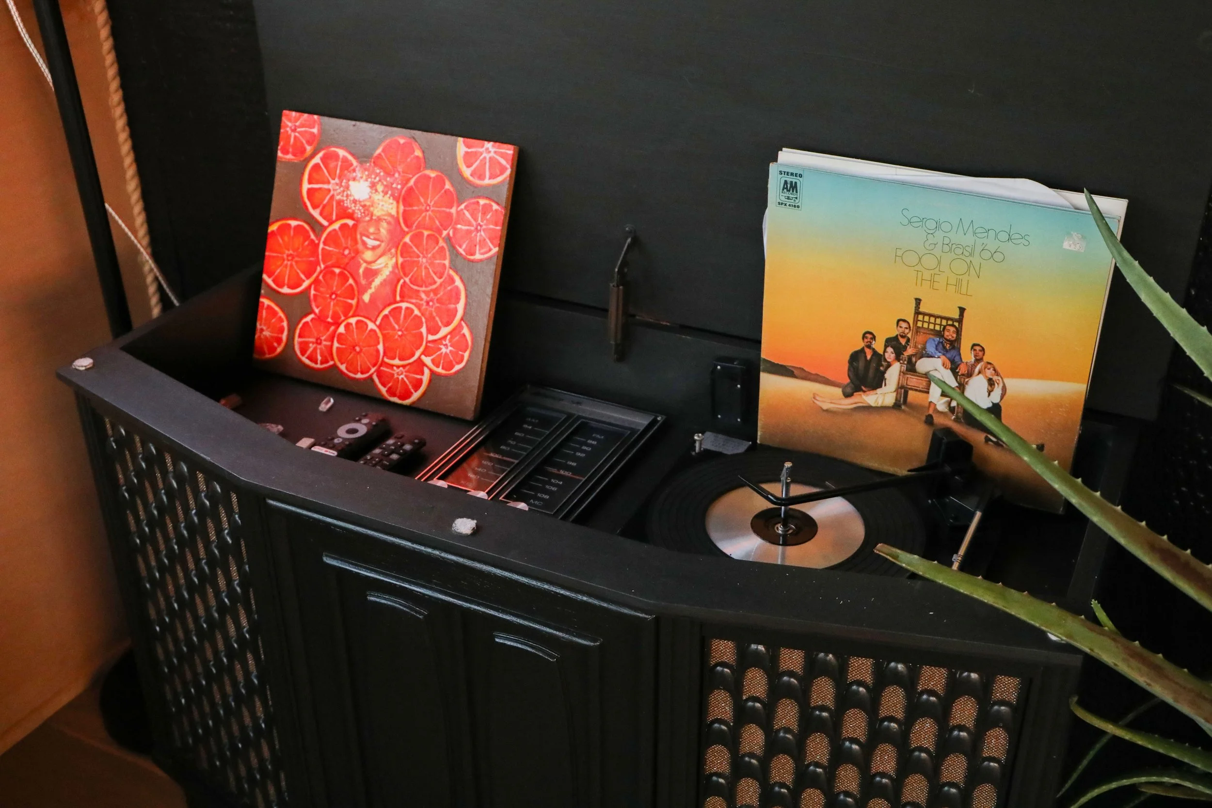 A black record player inside a black storage bin with a green plant in front. Two vinyl records are propped up against the back of the bin; one features a woman with citrus slices around her face, and the other, titled "Fool on the Hill," features a 
