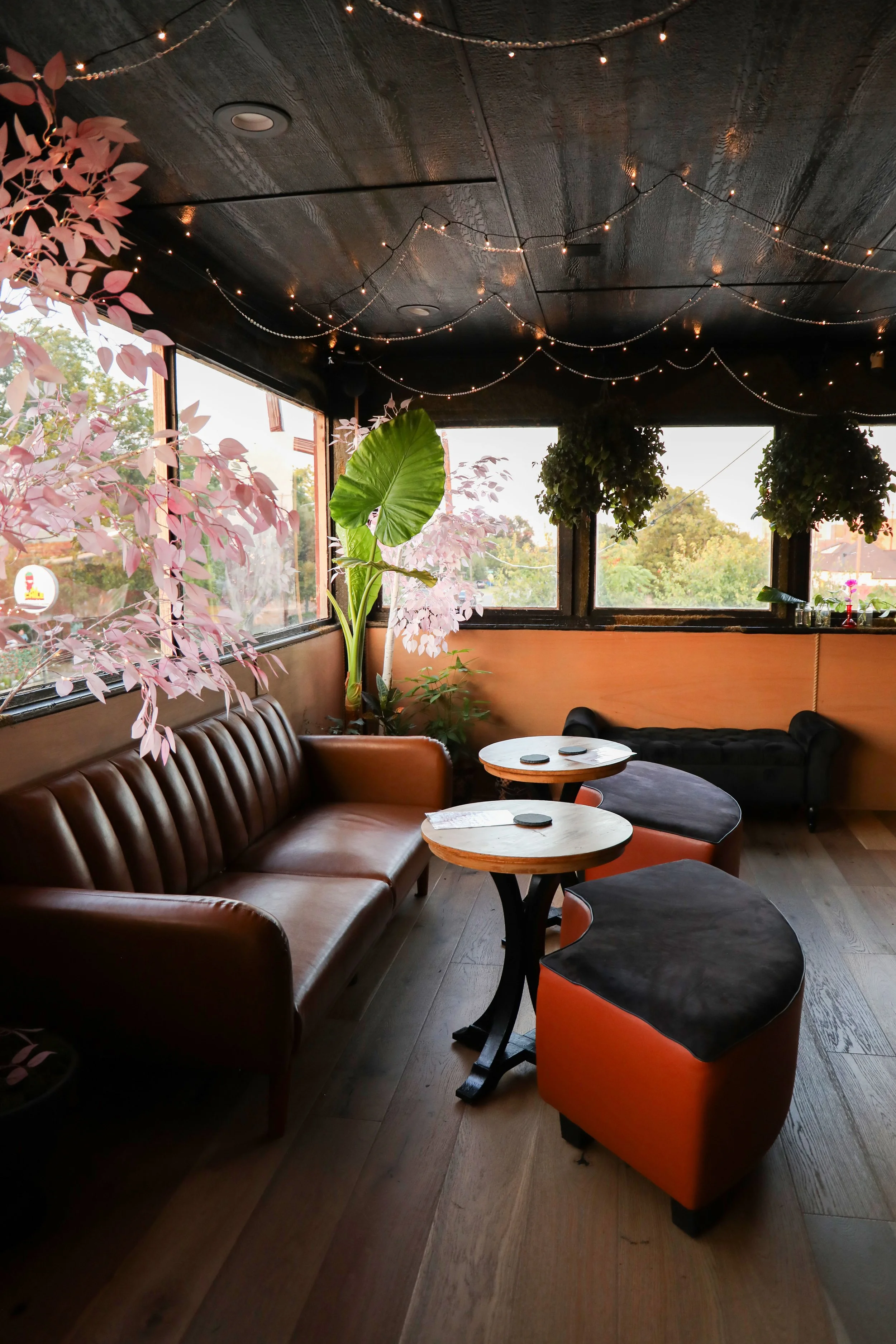 Interior of a cozy lounge with leather sofa, wooden tables, vibrant orange and black chairs, hanging plants, large windows with a view of trees, and string lights on the black ceiling.
