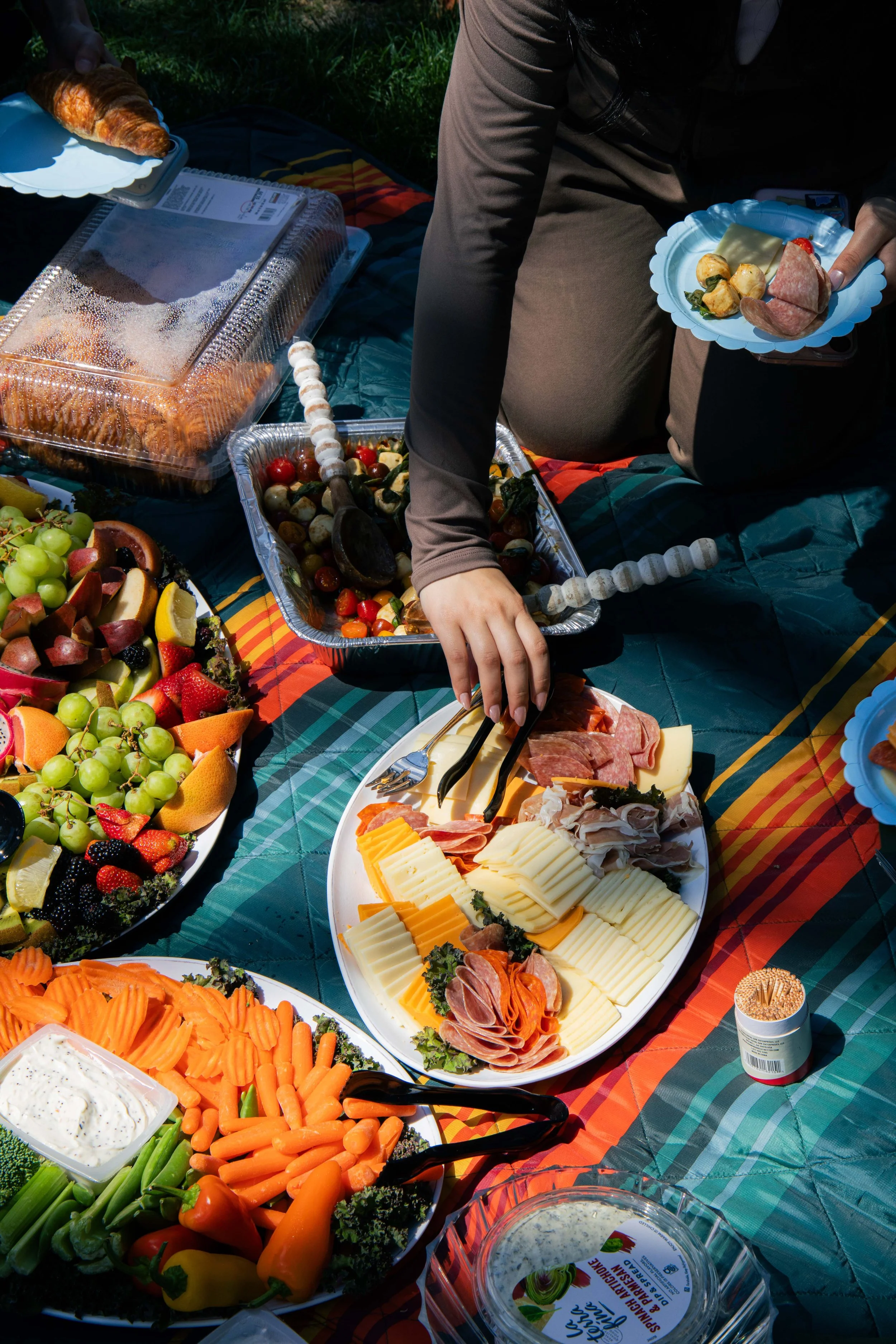 A picnic spread on a blanket with various foods including fresh fruit, vegetables, cured meats, cheeses, and dips. Some plates and containers of food are visible, with a person's hand holding a plate of food. There is also a container of dip and colo