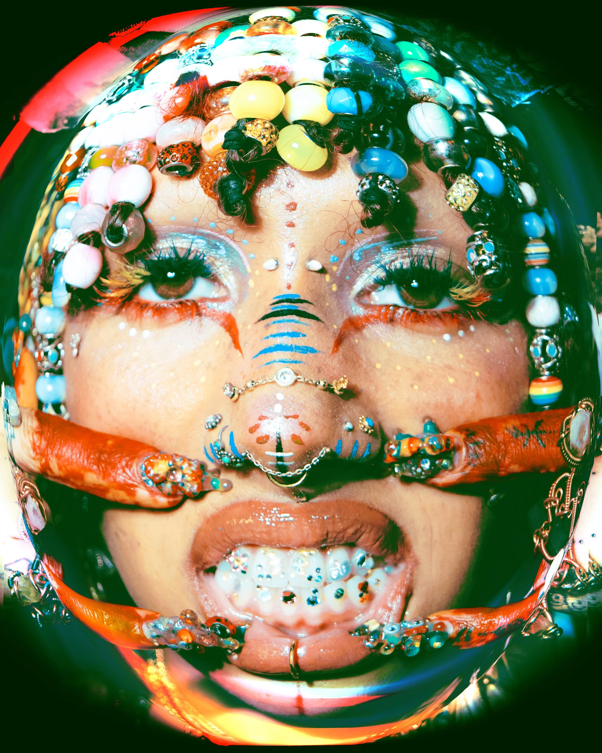 Local Dallas, Texas, DFW Non-traditional Editorial Creative Portraits Cover Art Photographer. Editorial creative portrait of Dallas, Texas local creative @marblle._ , wearing numerous colorful beads and jewelry, with their tongue sticking out at the 