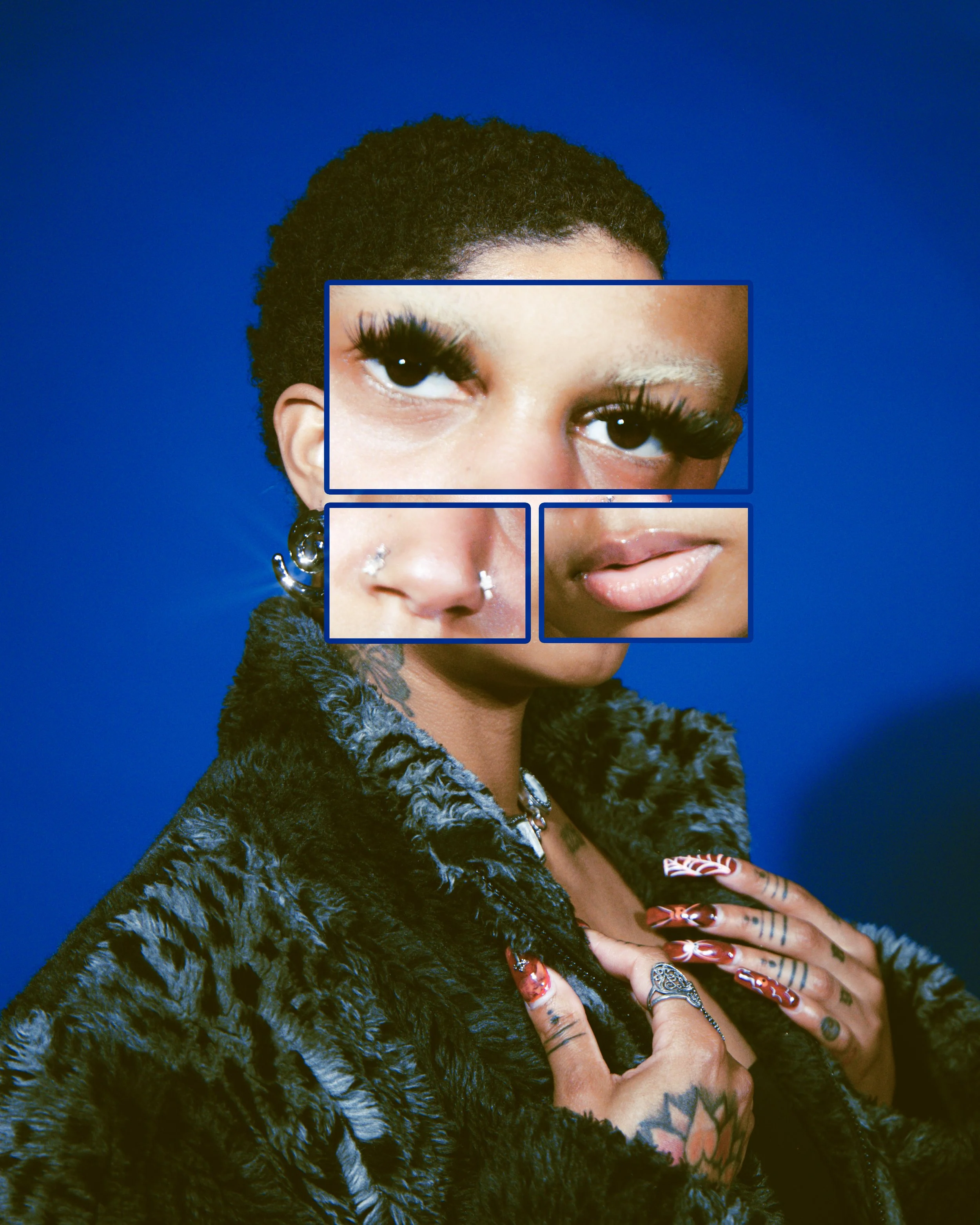 Local Dallas, Texas, DFW Non-traditional Editorial Creative Portraits Cover Art Photographer. Creative portrait of local Dallas, Texas creative @tunebbyworld . Close-up portrait of a woman with dark curly hair, wearing heavy eye makeup and multiple j