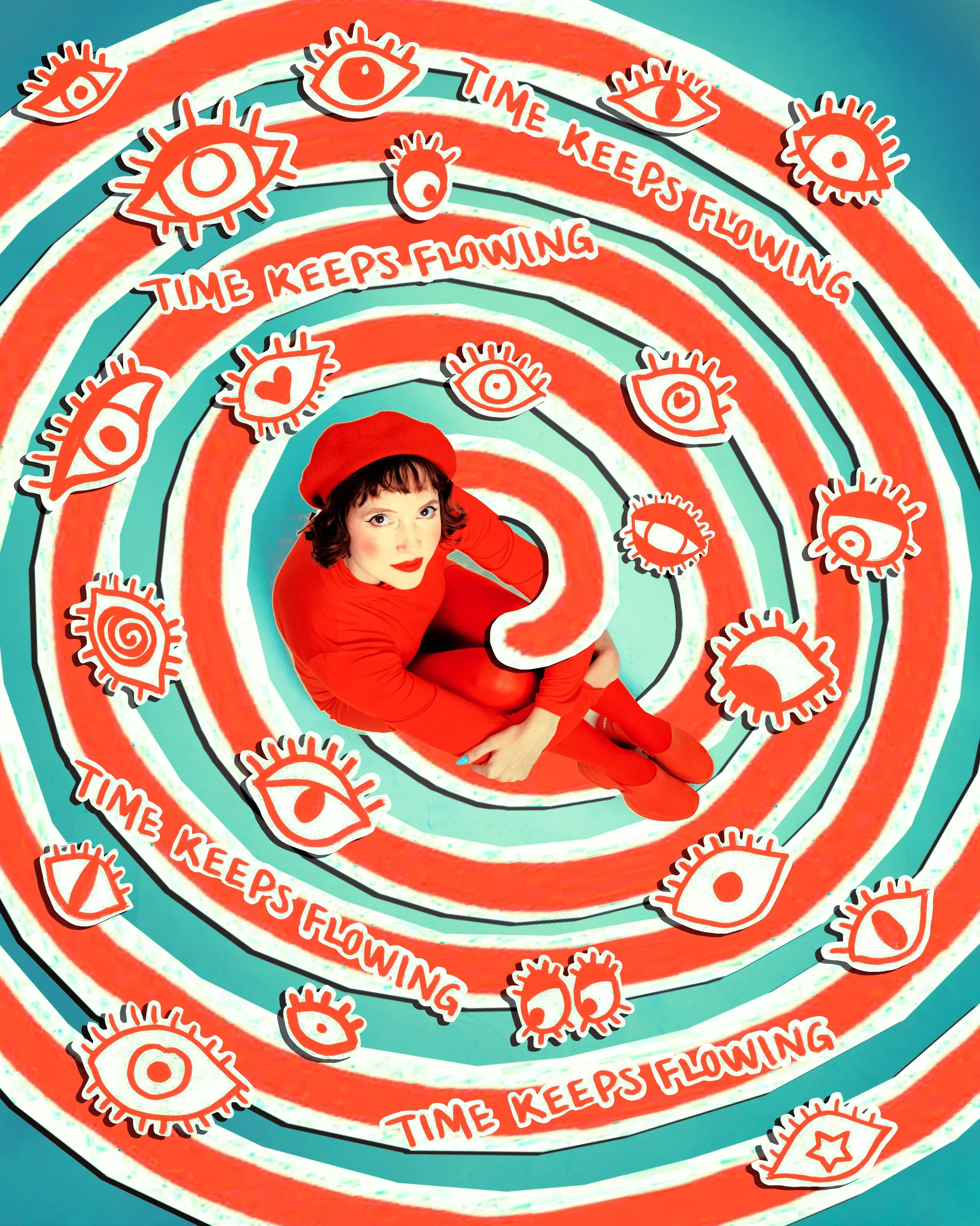 Local Dallas, Texas, DFW Non-traditional Fashion Editorial Creative Portraits Cover Art Photographer Photoshoot. @Pinchekelly . A woman dressed in red with a red beret sitting against a background of colorful concentric circles with hand-drawn eyes, 