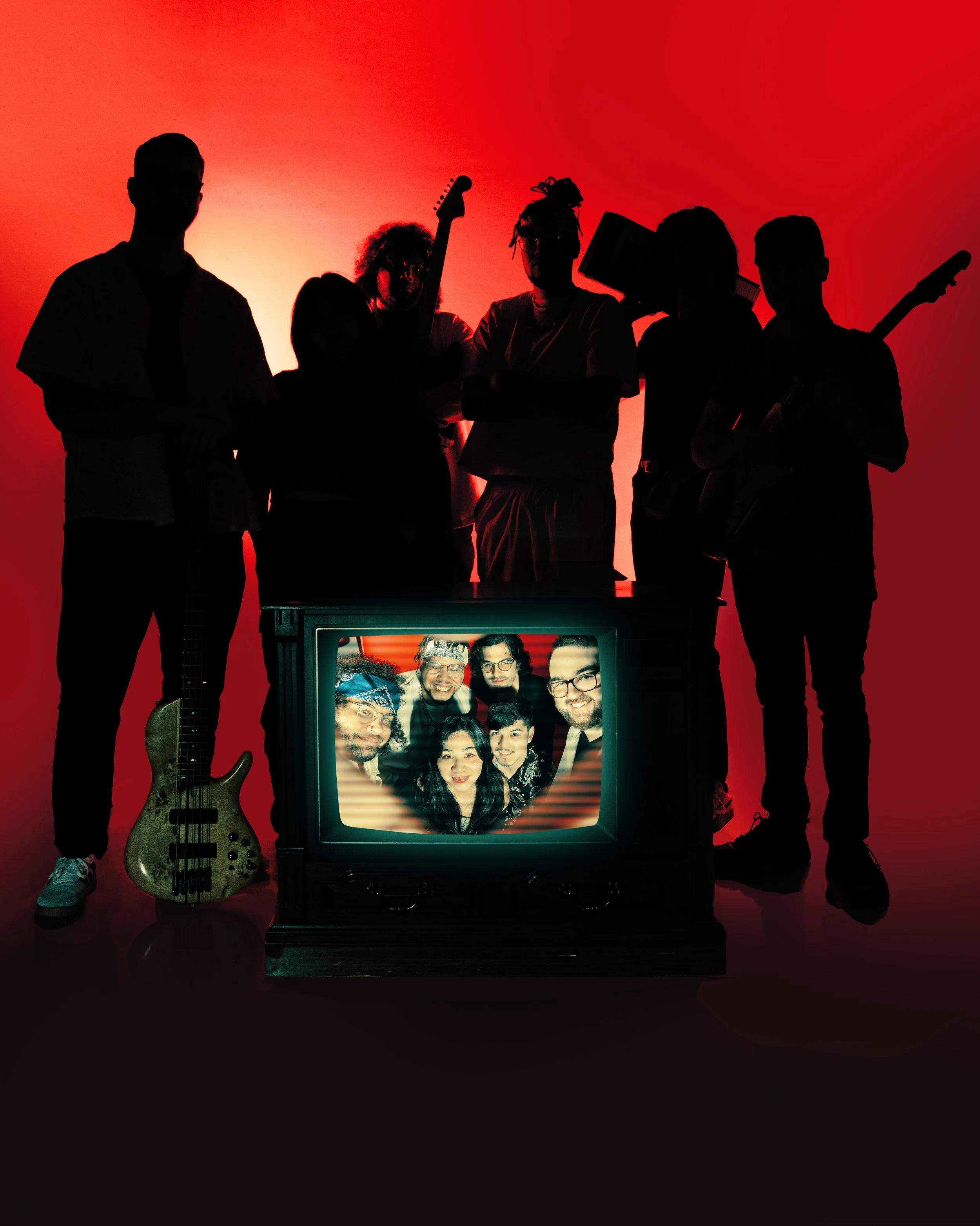 Local Dallas, Texas, DFW Non-traditional Fashion Editorial Creative Portraits Cover Art Photographer Photoshoot. Musicians band Cherry Mantis . Silhouetted group of six people behind a vintage television displaying a group photo, with a red backgroun
