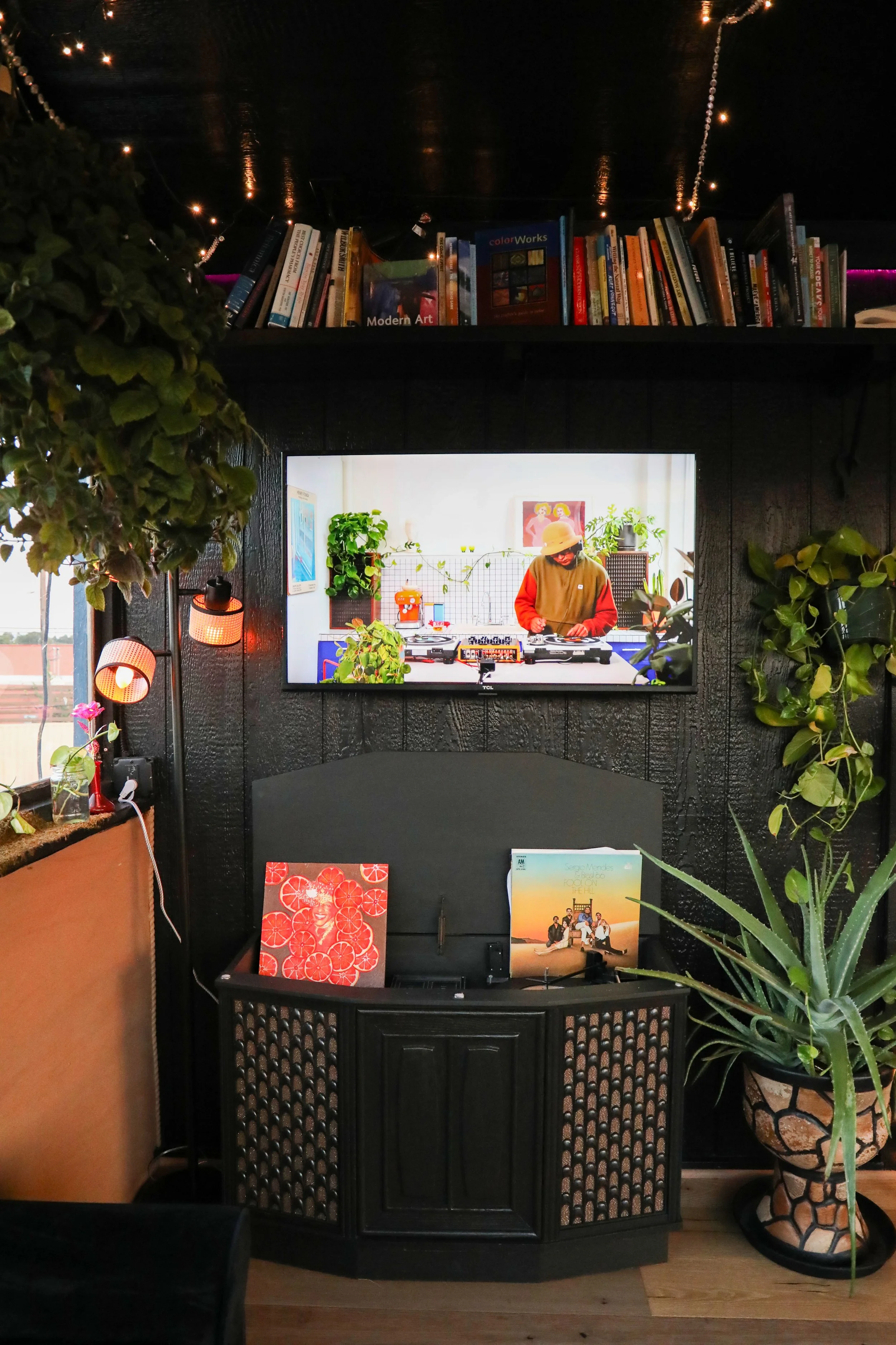 A living room with a flat-screen TV on a black cabinet, surrounded by plants and books, with a person DJing on the TV screen.