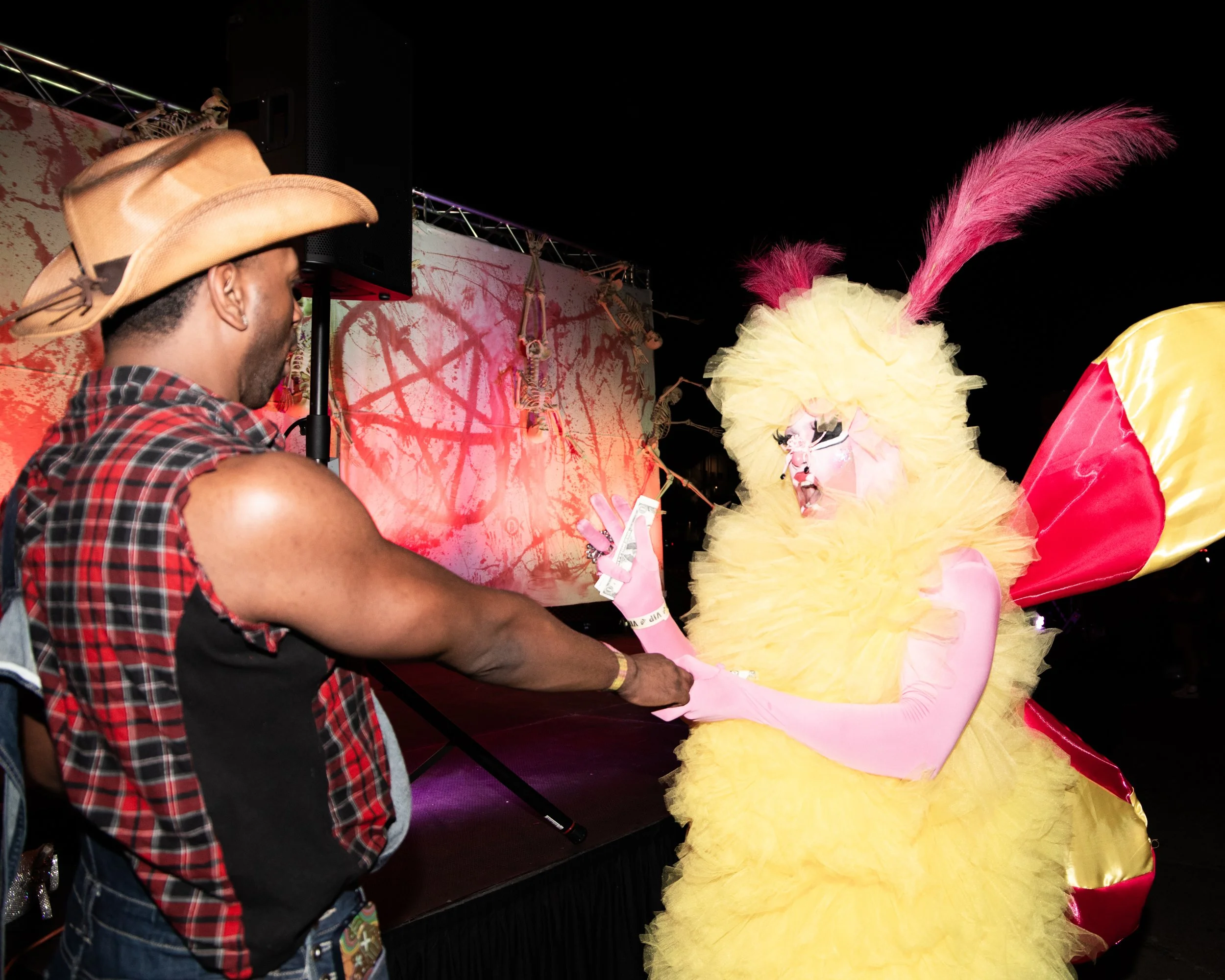 A man wearing a plaid shirt and cowboy hat stands beside a person in a colorful, feathered costume with pink feathers and yellow decorations during a night event.