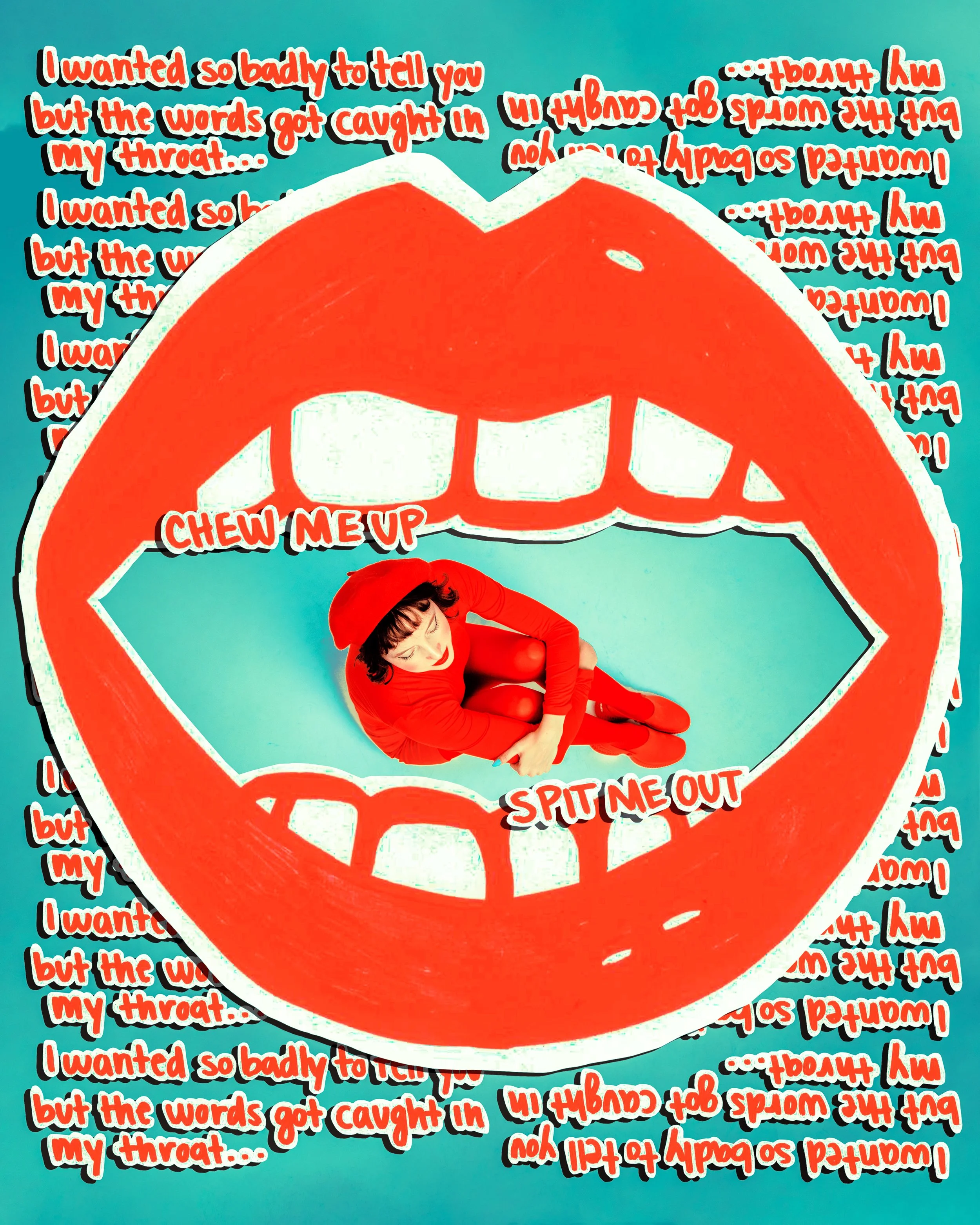 Local Dallas, Texas, DFW Non-traditional Fashion Editorial Creative Portraits Cover Art Photographer Photoshoot. Stylized illustration of a large red mouth with white teeth and black outline, with a person sitting inside the mouth. The background fea