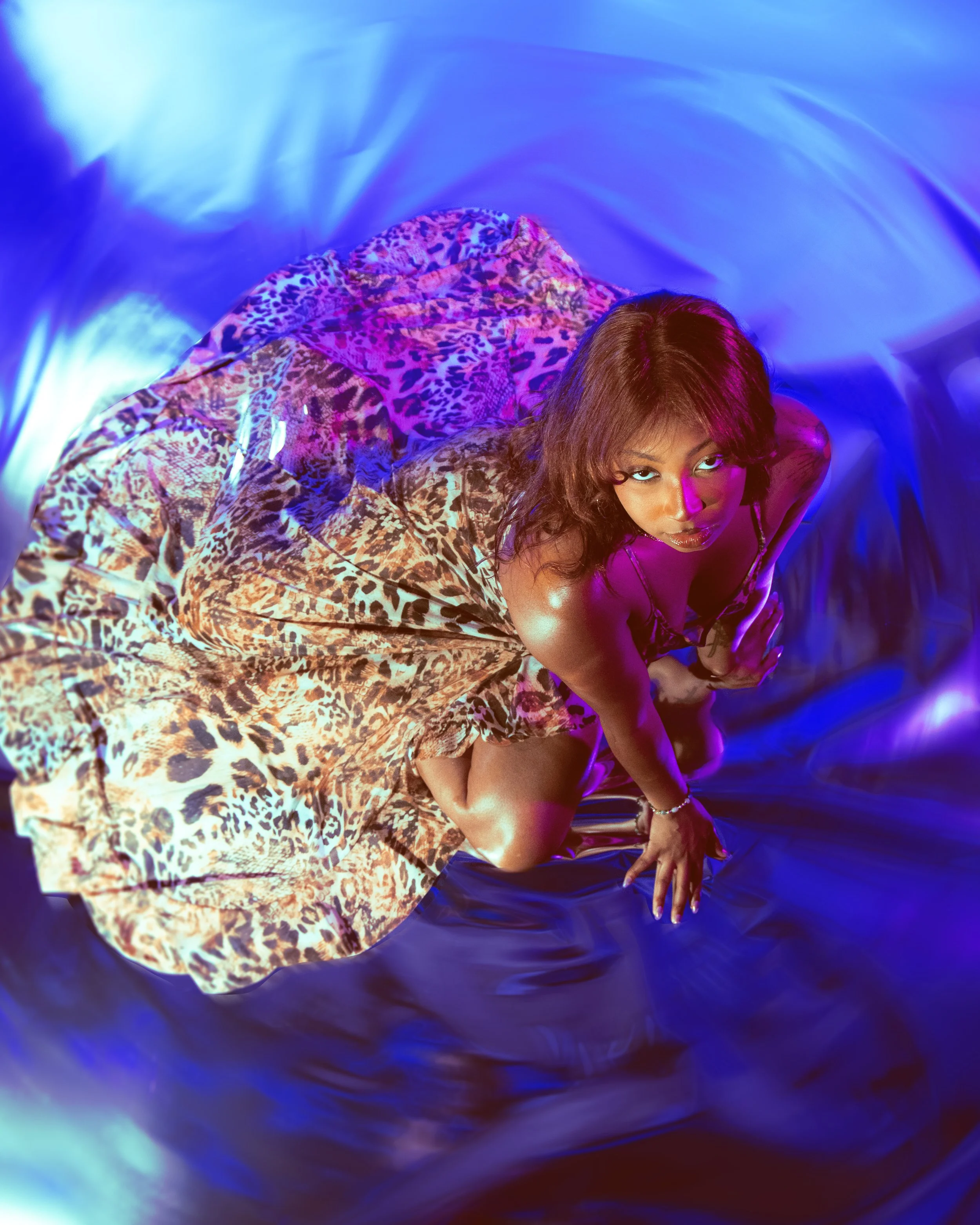 Local Dallas, Texas, DFW Non-traditional Fashion Editorial Creative Portraits Cover Art Photographer Photoshoot. Musician Seihara .A woman with dark hair and blue eyes wearing animal print clothing on a purple and blue swirling background.