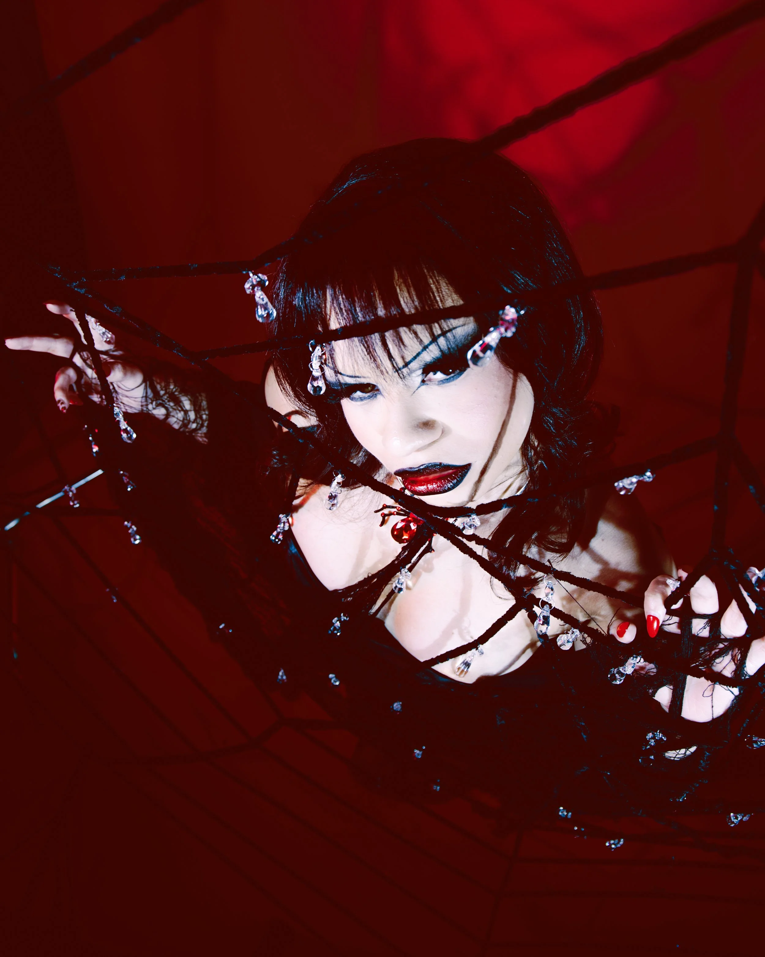 Local Dallas, Texas, DFW Non-traditional Fashion Editorial Creative Portraits Cover Art Photographer Photoshoot. A woman with dark hair and makeup posing behind or through black strings with dangling crystal drops, set against a deep red background. 