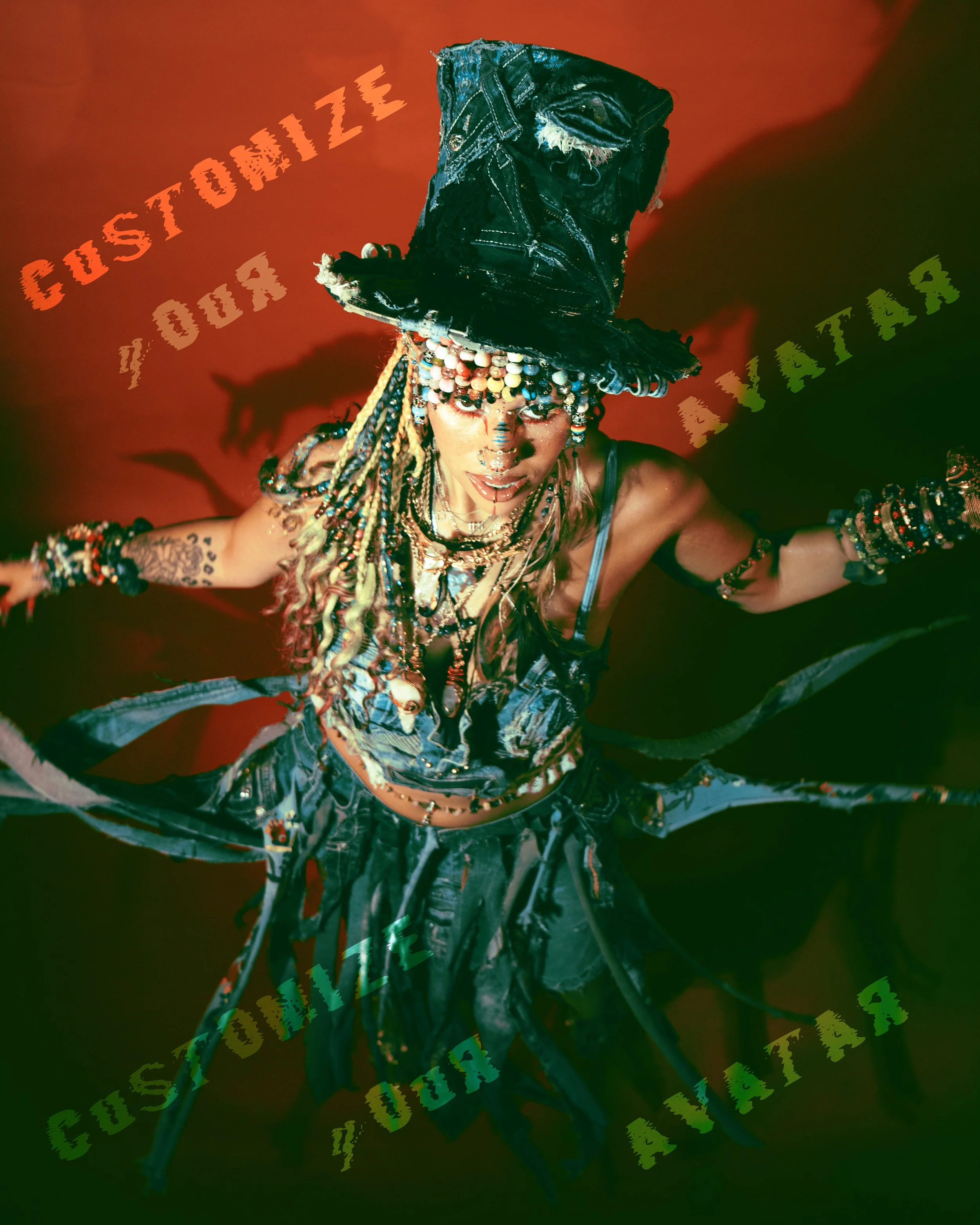 Local Dallas, Texas, DFW Non-traditional Editorial Creative Portraits Cover Art Photographer. Editorial creative portrait of Dallas, Texas local creative @marblle._ A woman dressed in colorful, tribal-inspired clothing with a denim hat, in a dynamic 