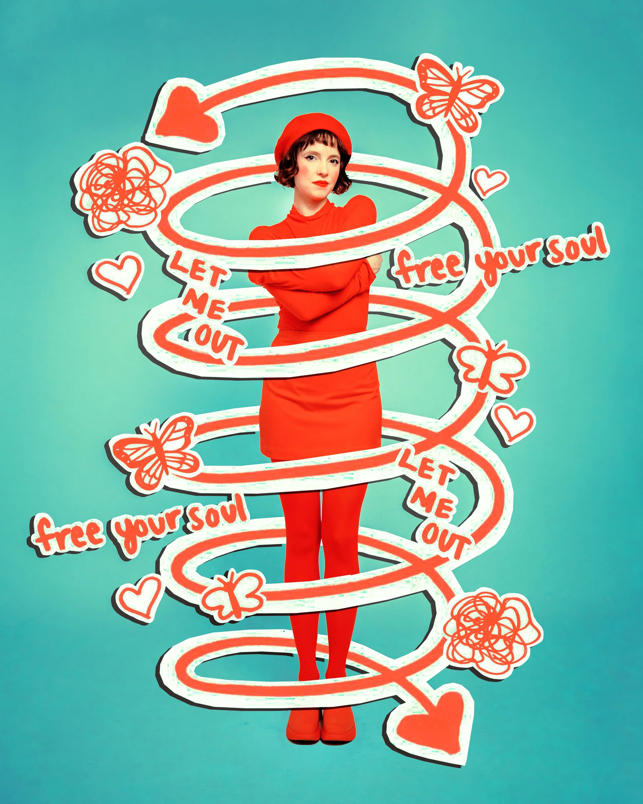 Local Dallas, Texas, DFW Non-traditional Fashion Editorial Creative Portraits Cover Art Photographer Photoshoot. A woman dressed in red, including a dress, shoes, beret, and lipstick, stands amidst a decorative, illustrated spiral with hearts, butter