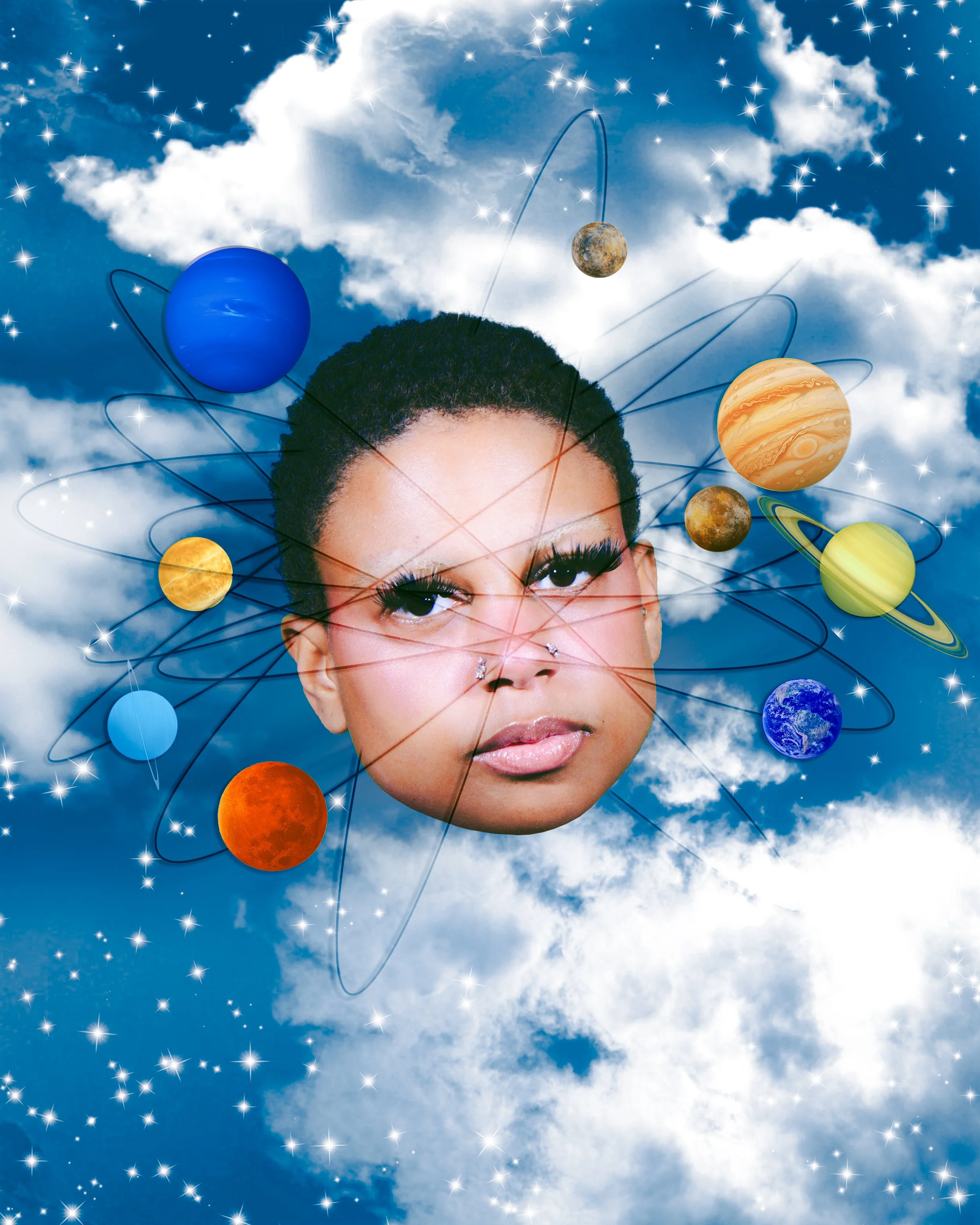 Local Dallas, Texas, DFW Non-traditional Editorial Creative Portraits Cover Art Photographer. @tunebbyworld .A surreal digital artwork depicting a woman's face with celestial objects and atomic orbits around her head set against a cloudy sky backgrou