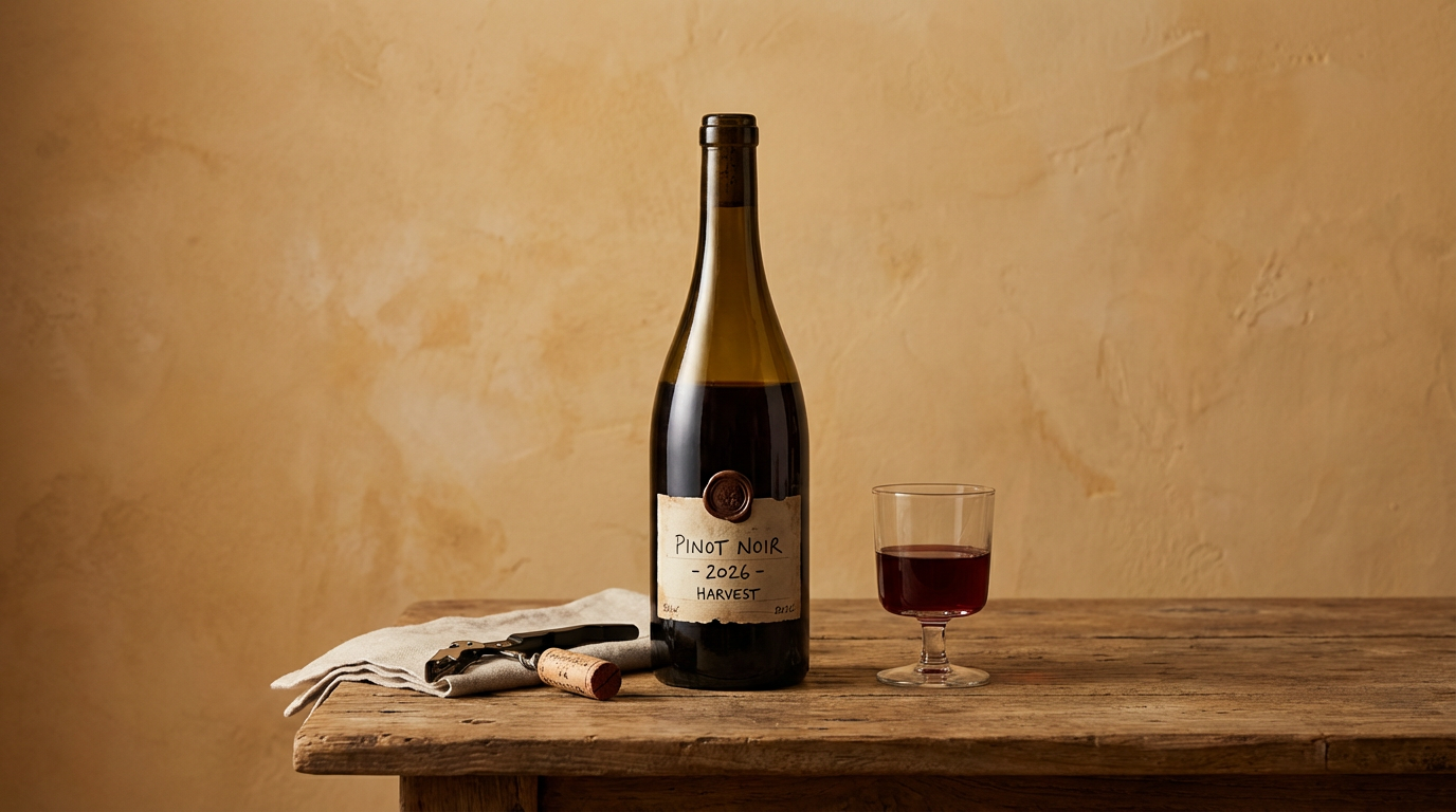 A bottle of red wine labeled 'Pinot Noir 2026 Harvest', a glass of red wine, a corkscrew, and a cork on a wooden table against a warm, textured wall.