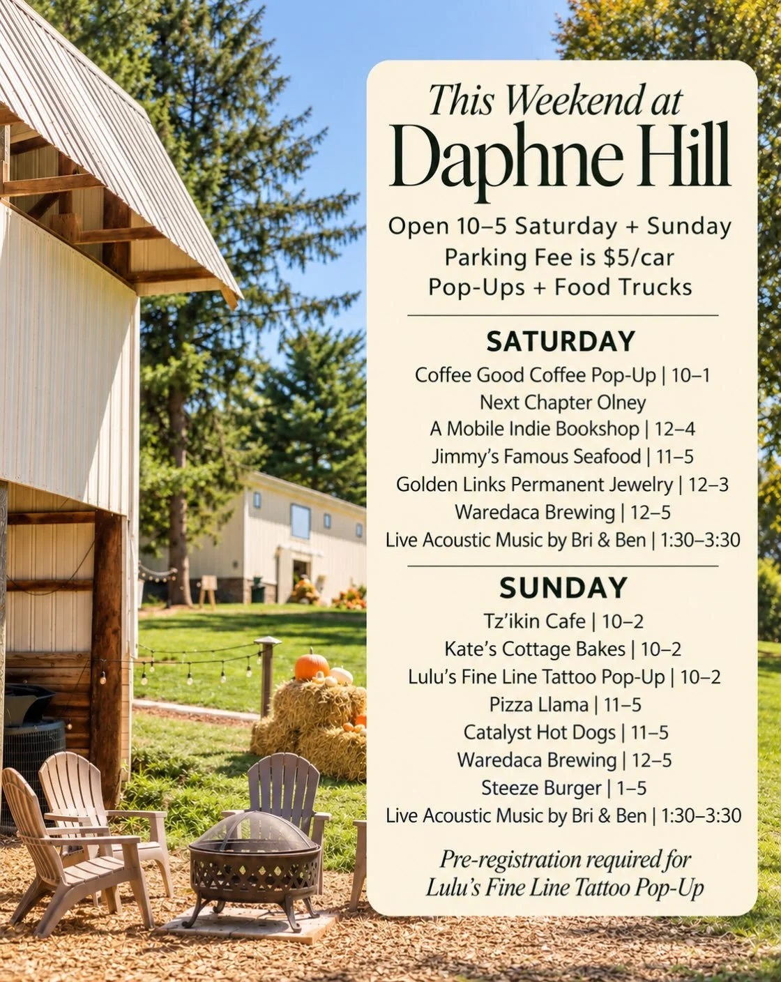 Another beautiful fall weekend ahead at Daphne Hill! 🍂

We&rsquo;ve got a full lineup of food trucks, local pop-ups, live music, and plenty of pumpkins to pick! Bring the family, grab something delicious, and spend a little time enjoying fall on the