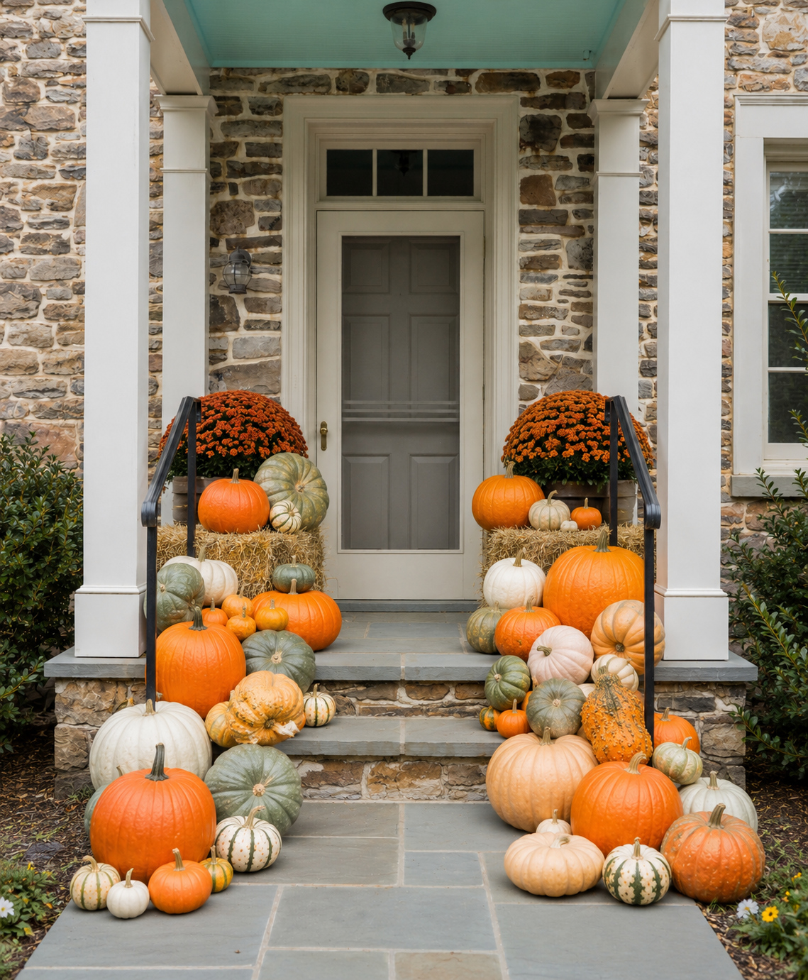 Front porch decorated for fall with pumpkins, gourds, and marigold flowers on the steps and planters.