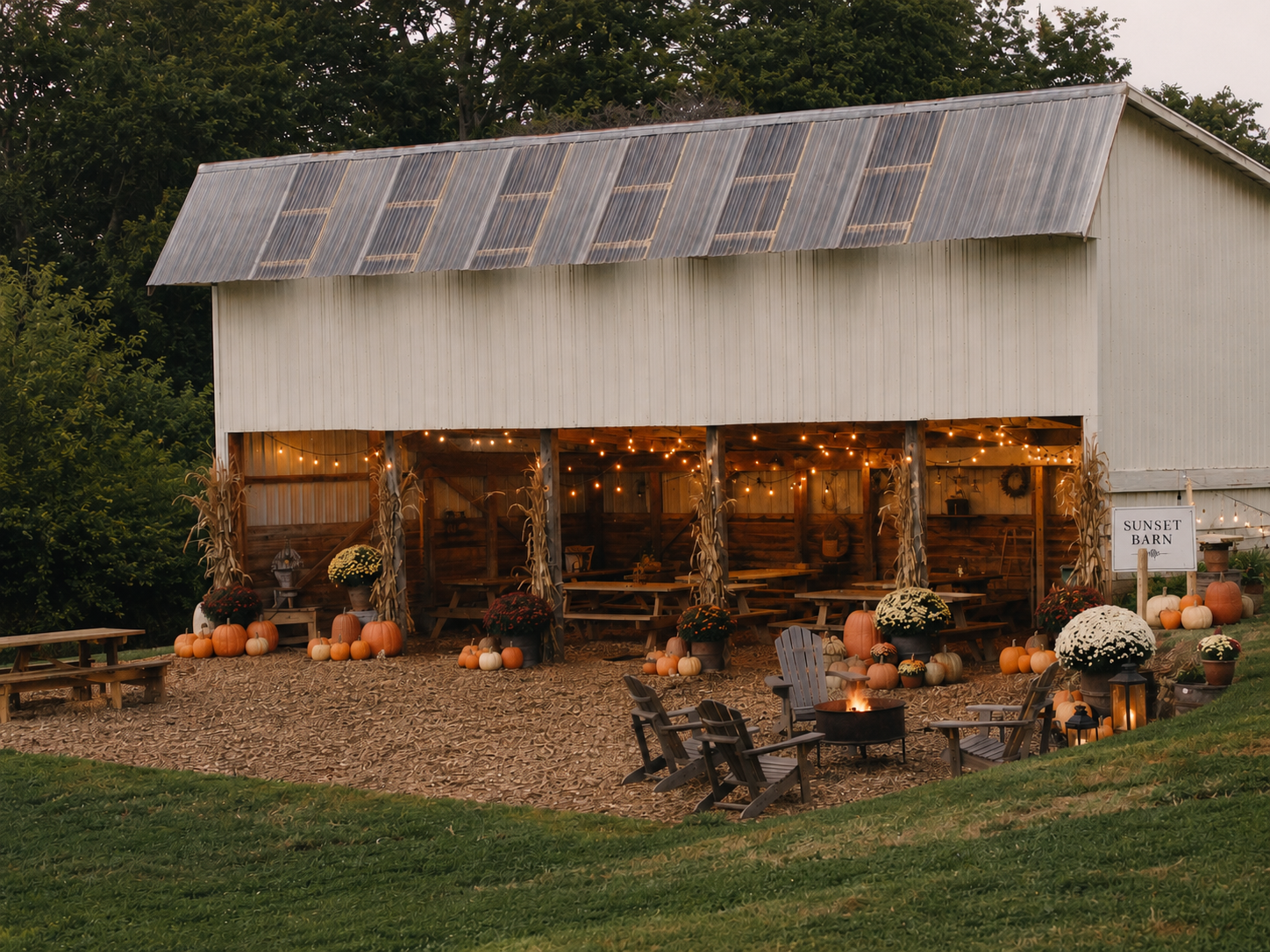 A rustic barn decorated for fall with pumpkins, mums, and string lights. There's a sign that says 'Sunset Barn,' and outdoor seating with a fire pit.