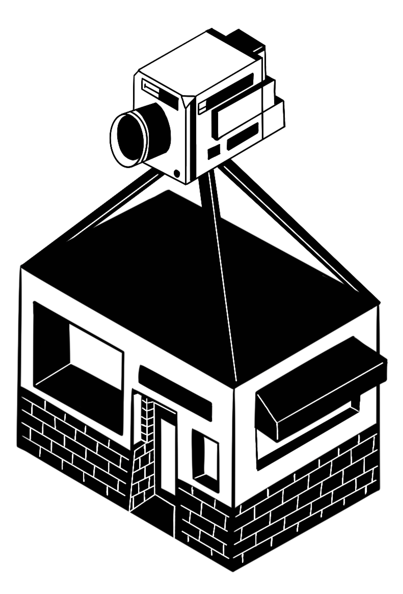 Isometric illustration of a house with a pitched roof, chimney, windows, and a brick foundation, depicted in black and white. studio400 logo