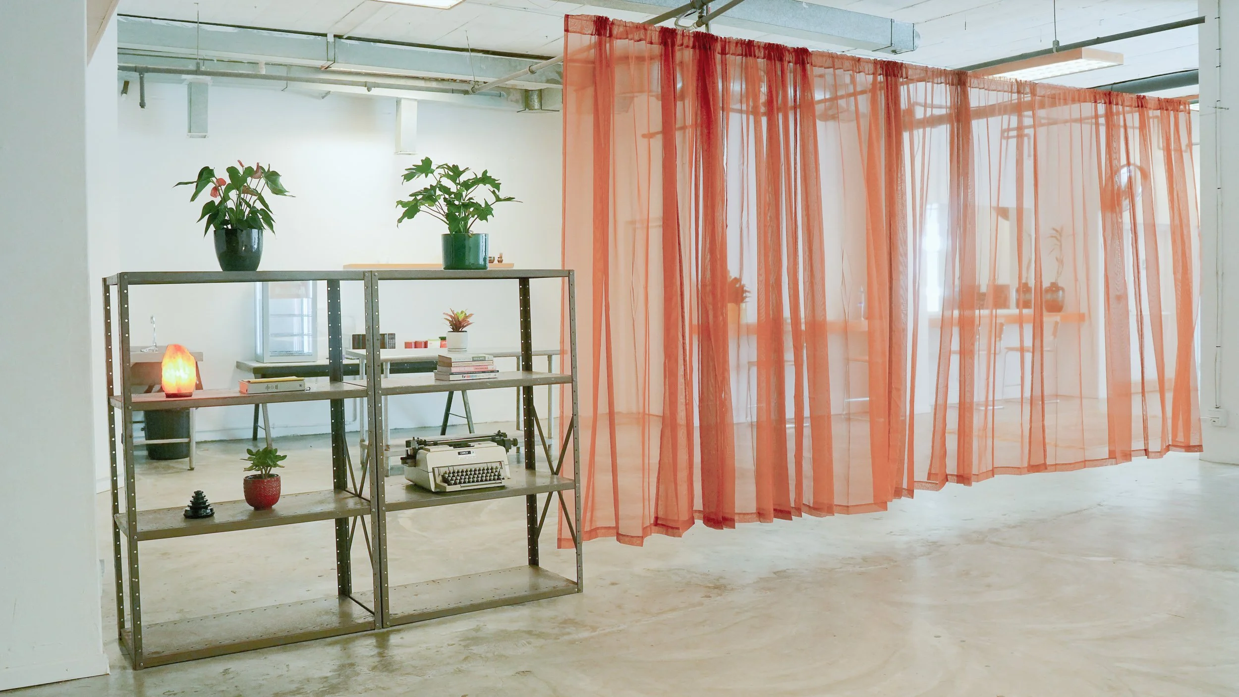 Indoor space with a metal shelving unit holding potted plants, books, and a salt lamp, separated from the main area by sheer orange curtains. Entrance to studio400, a creative film and event studio based in Athlone South Africa.