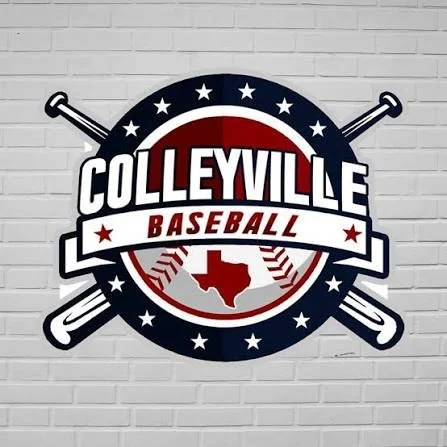 Logo for Colleyville Baseball with crossed baseball bats and a Texas map