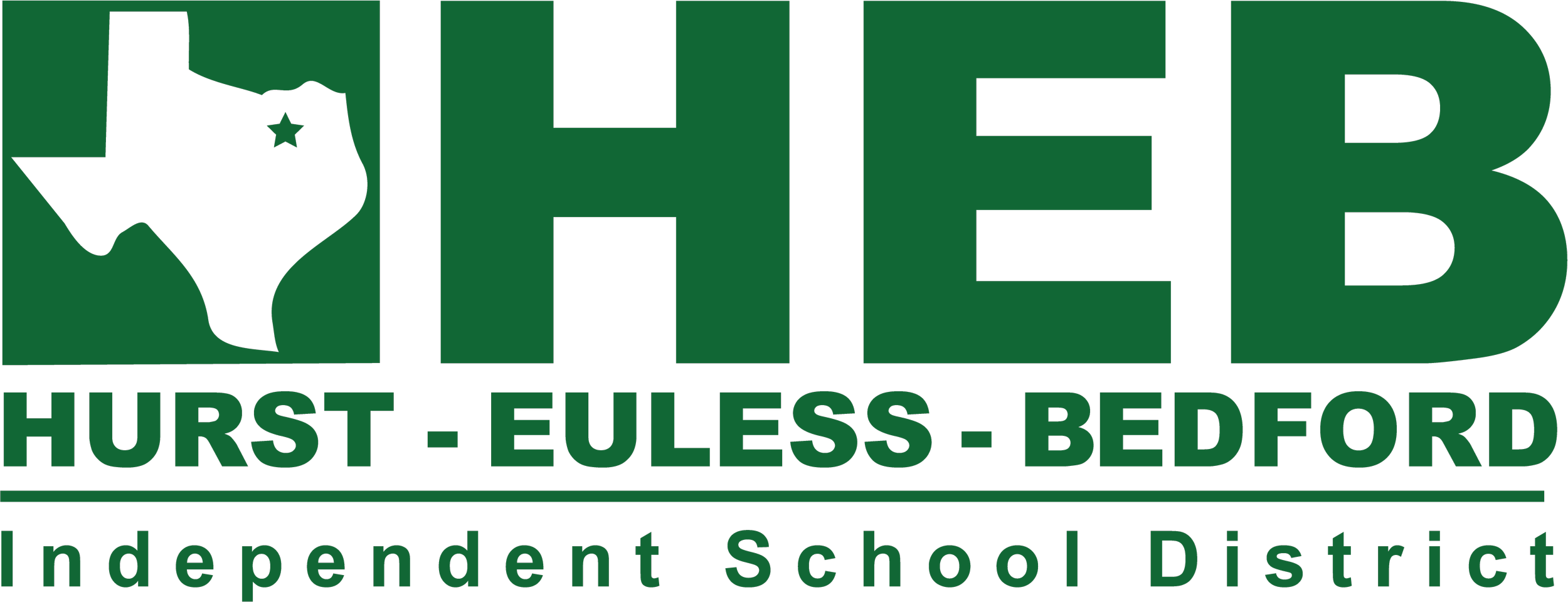 Logo for the district, featuring the Texas outline with a star on it, the word 'THEB' in large letters, and the names 'Hurst', 'Euless', and 'Bedford' below, indicating it is an independent school district.