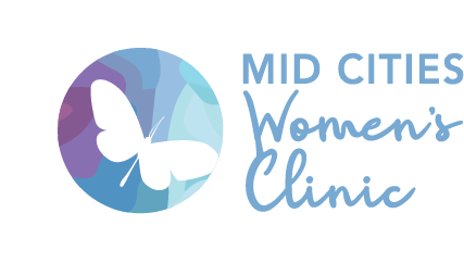 Logo of Mid Cities Women's Clinic featuring a purple and blue circle with a white butterfly, and the clinic's name in blue text.