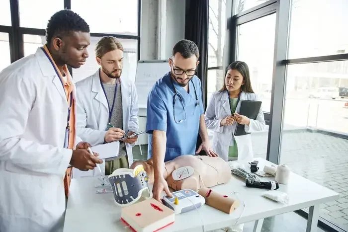 Medical professionals practicing CPR on a mannequin during a training session in a bright room with large windows.