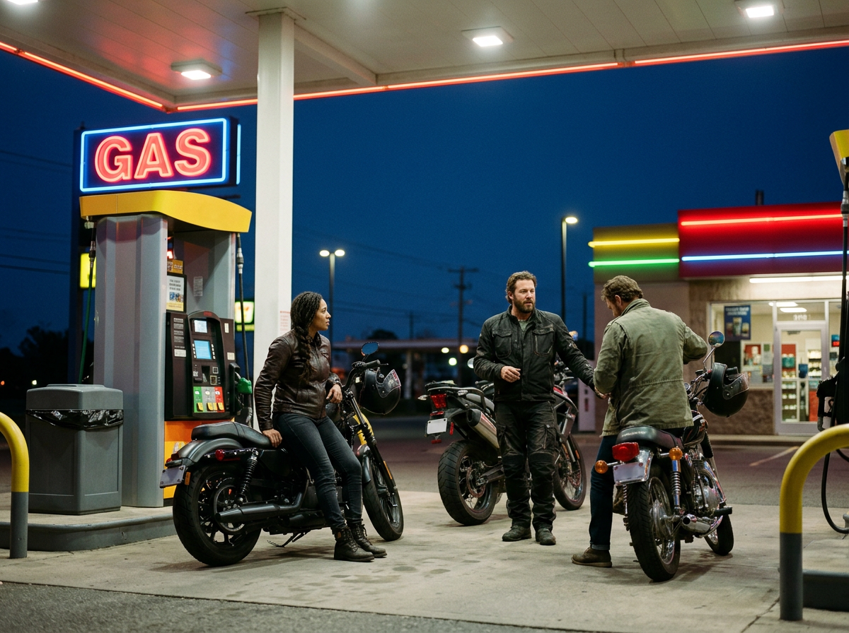 Three bikers with motorcycles stop at a gas station to refuel, with a brightly lit convenience store in the background during nighttime.