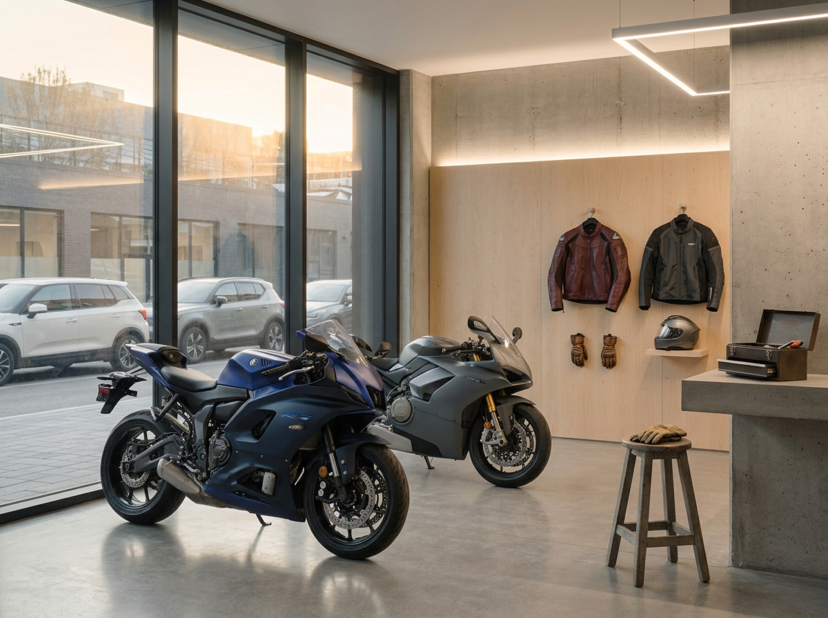 Indoor motorcycle showroom with two parked sport bikes, leather jackets and gloves on the wall, a helmet, and a display counter with a record player.