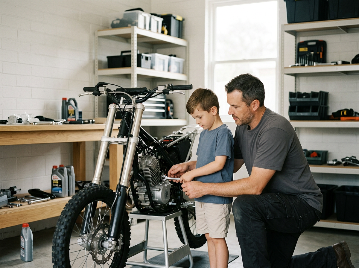 A man and boy working on repairing a motorcycle in a well-organized garage with shelves and tools.
