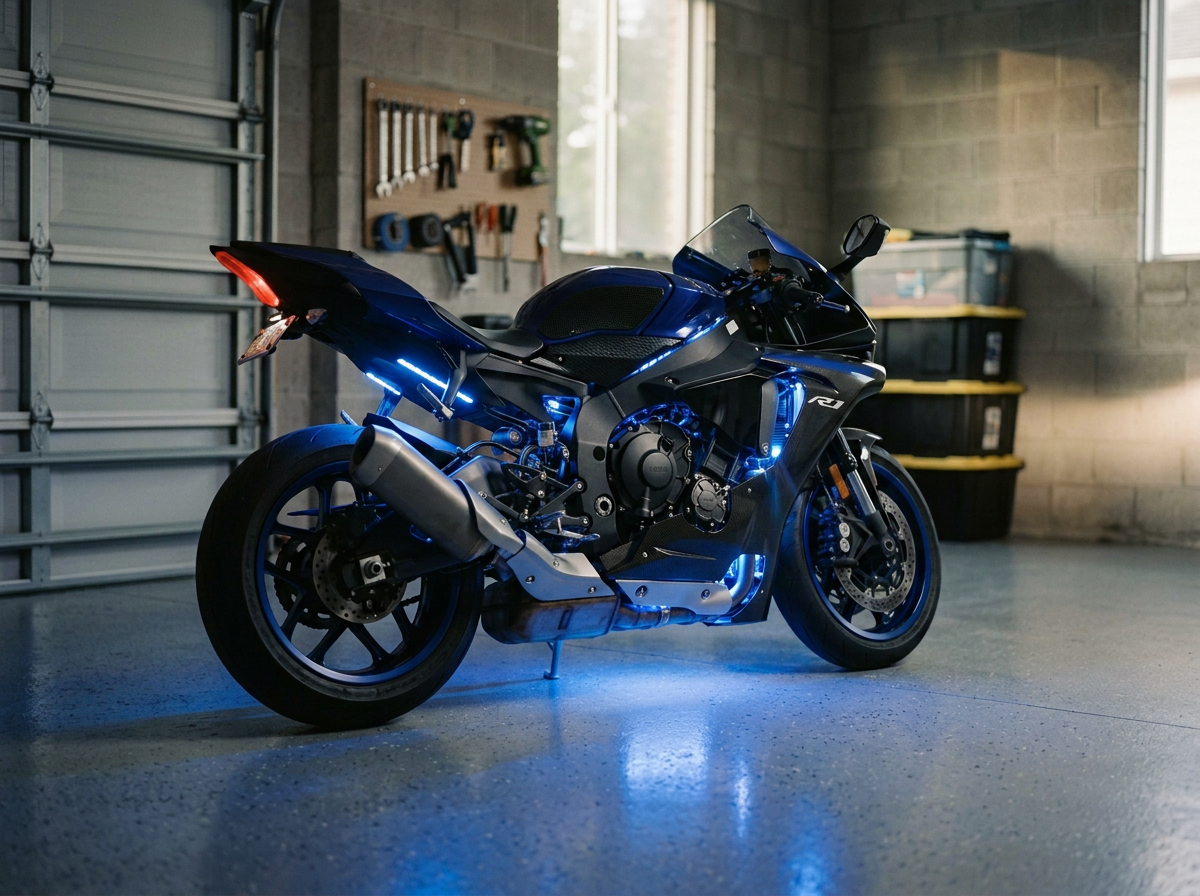 A black and blue motorcycle with LED lights inside a garage, with tools and storage bins visible in the background.