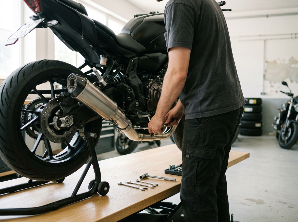A person working on a black motorcycle in a garage, with tools and tires in the background.