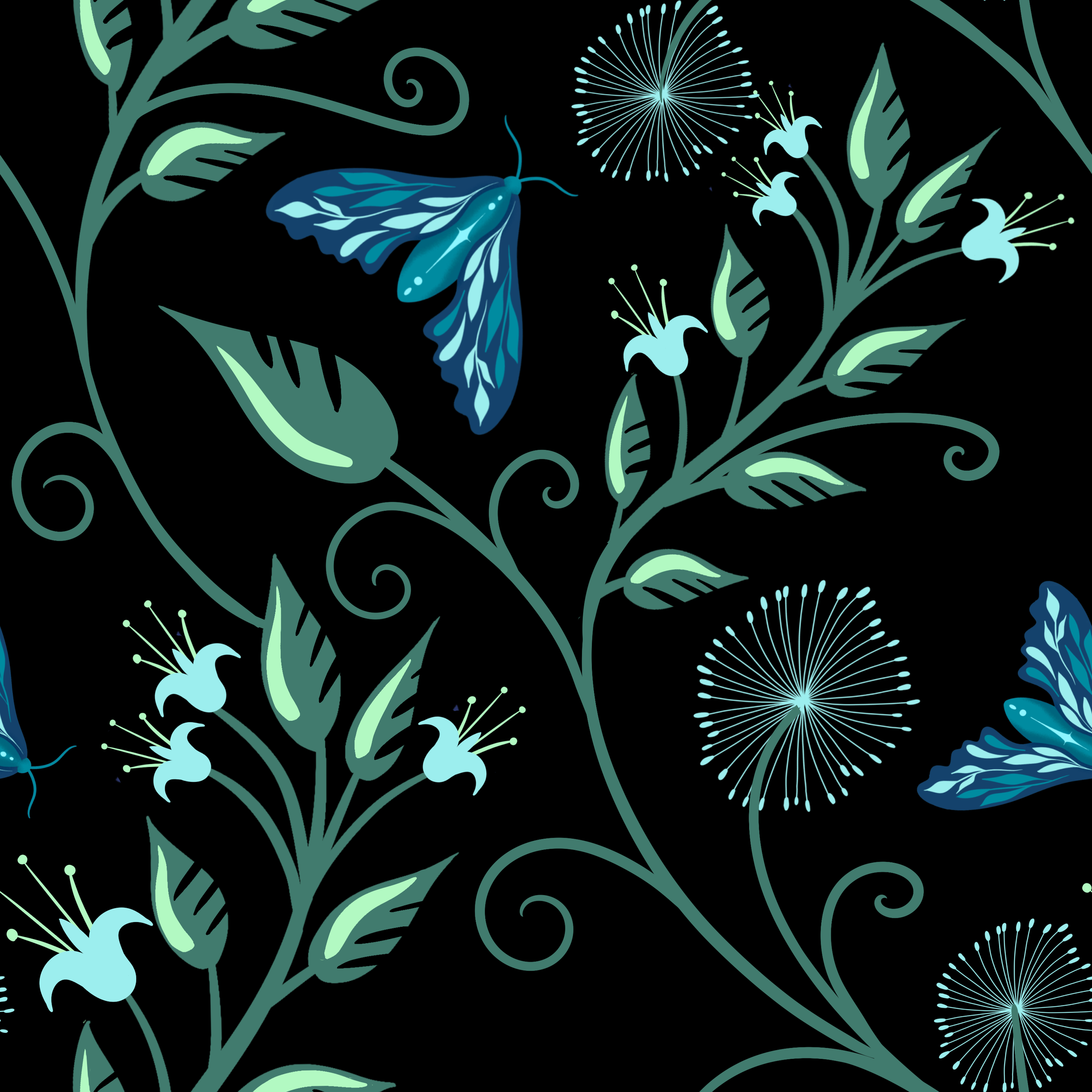 A digital illustration of a butterfly with blue and teal wings among stylized green leaves and white flowers on a black background.