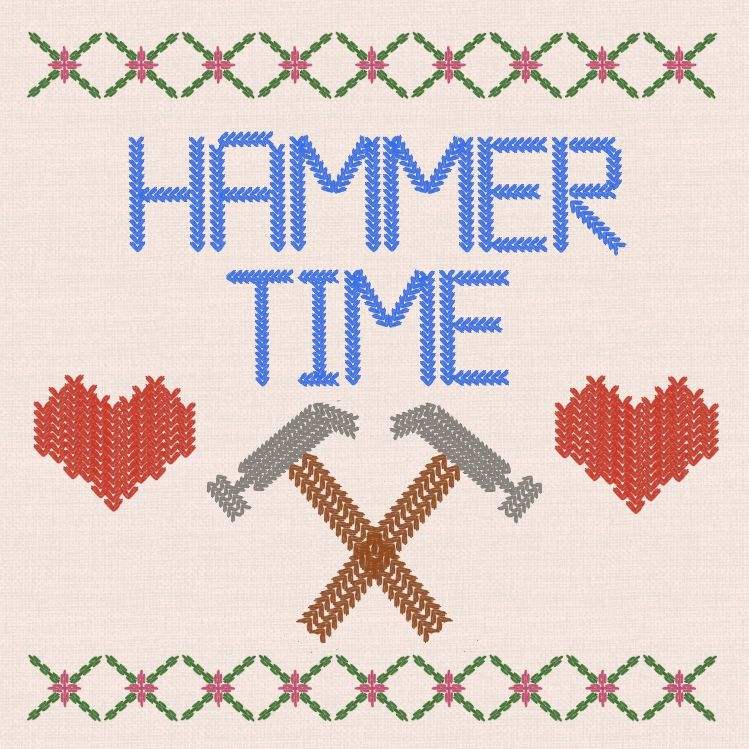 A colorful cross-stitch pattern with a festive theme, featuring green and pink floral borders at the top and red and gray hearts with brown arrows at the bottom.