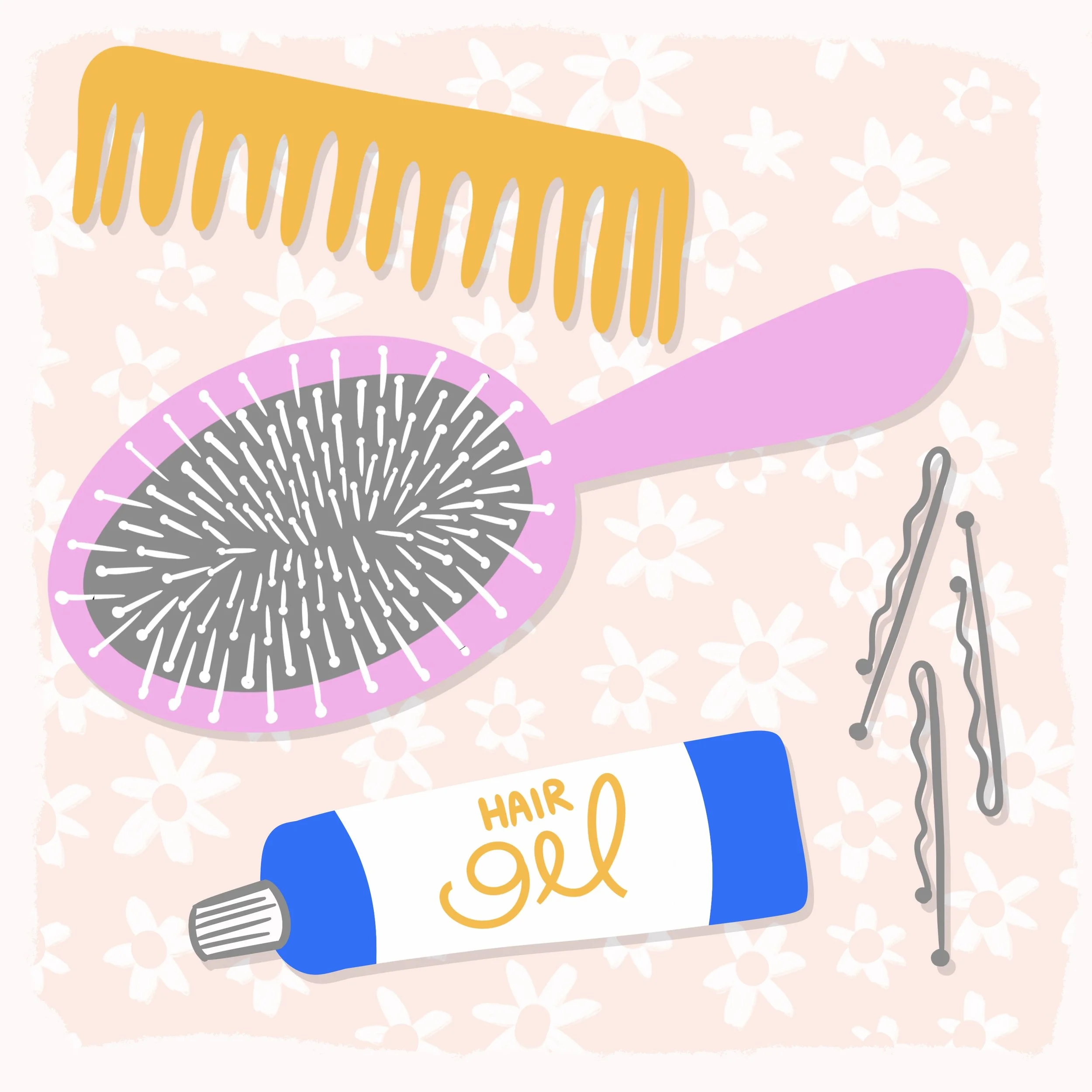 Illustration of hair care tools including a yellow comb, a pink hairbrush, a blue shampoo bottle, and a gray pair of scissors with a background of pink and white flowers.
