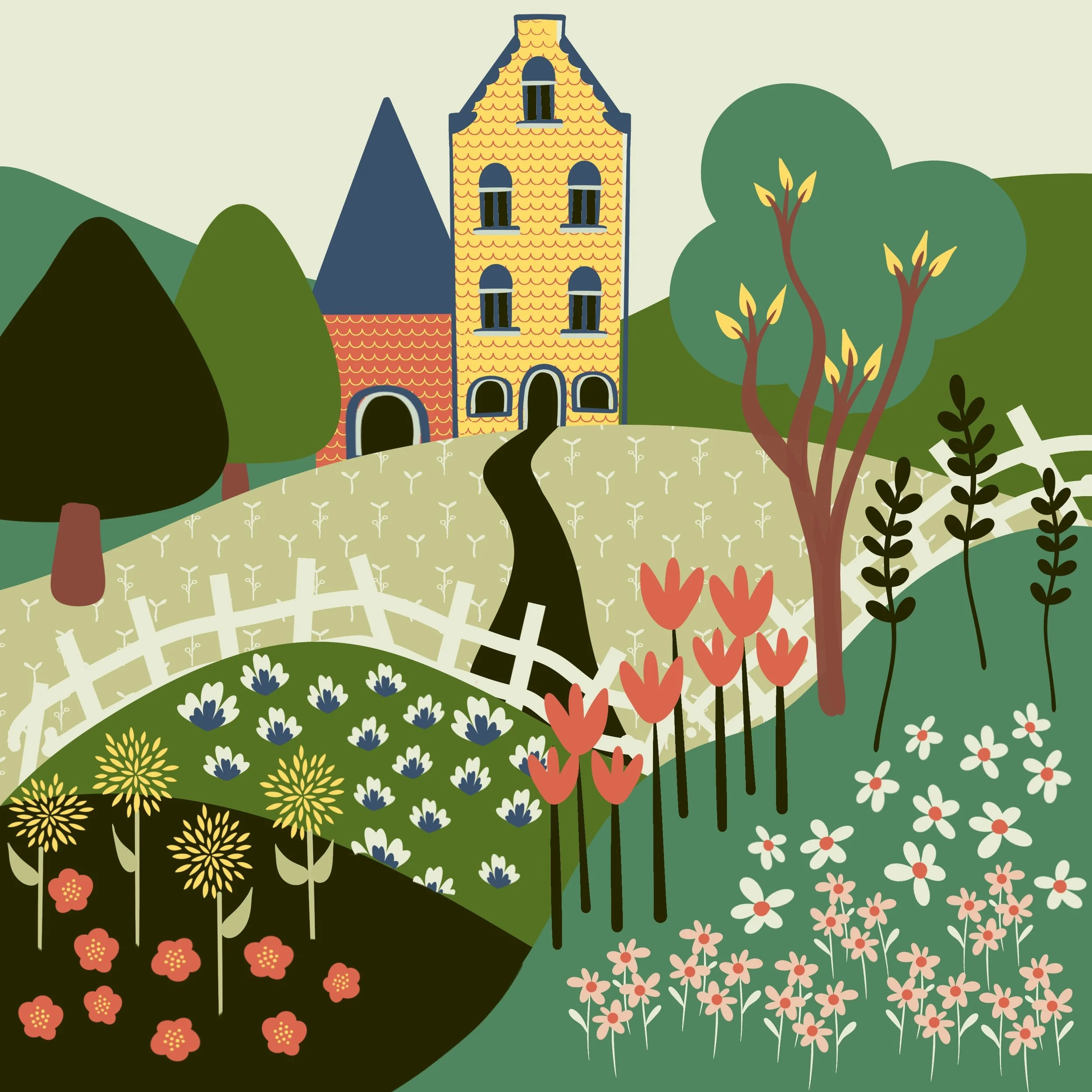 Digital illustration of a house with a tall tower surrounded by colorful flowers and green bushes, with a soft pastel sky in the background.