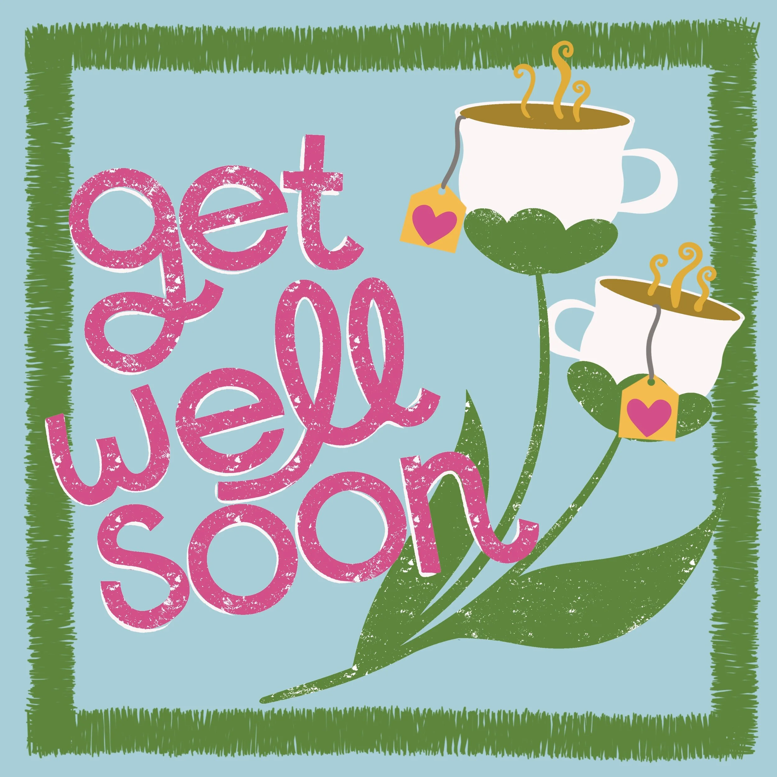A colorful illustration with a bright blue background and green grass borders. The word 'eat' in pink, distressed-style text is partially visible, along with images of a white mug with steam rising, a green turtle-shaped leaf, and small yellow tags w