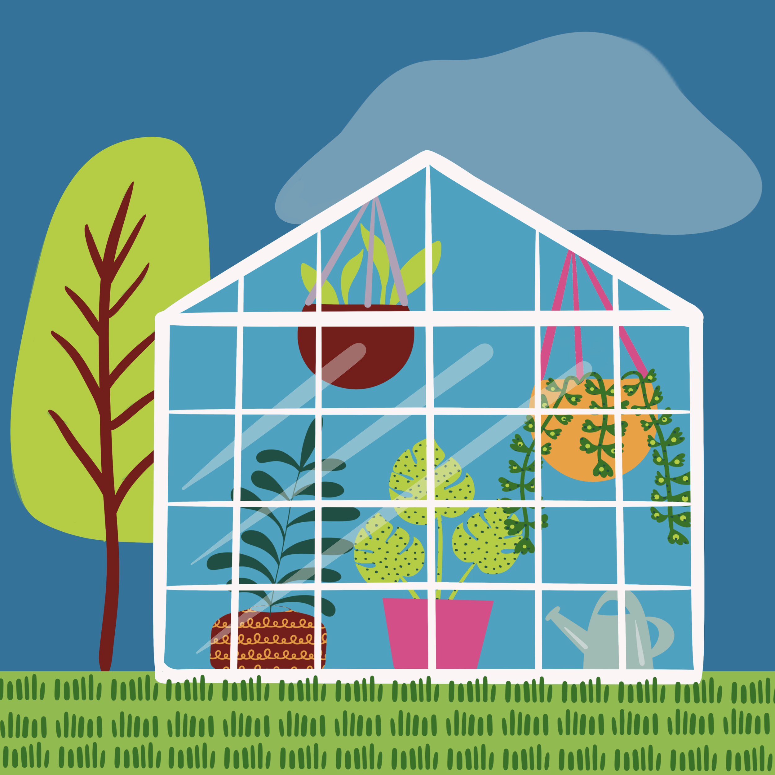 Digital illustration of a greenhouse with potted plants, watering can, and gardening tools, set against a blue sky with clouds and green grass.