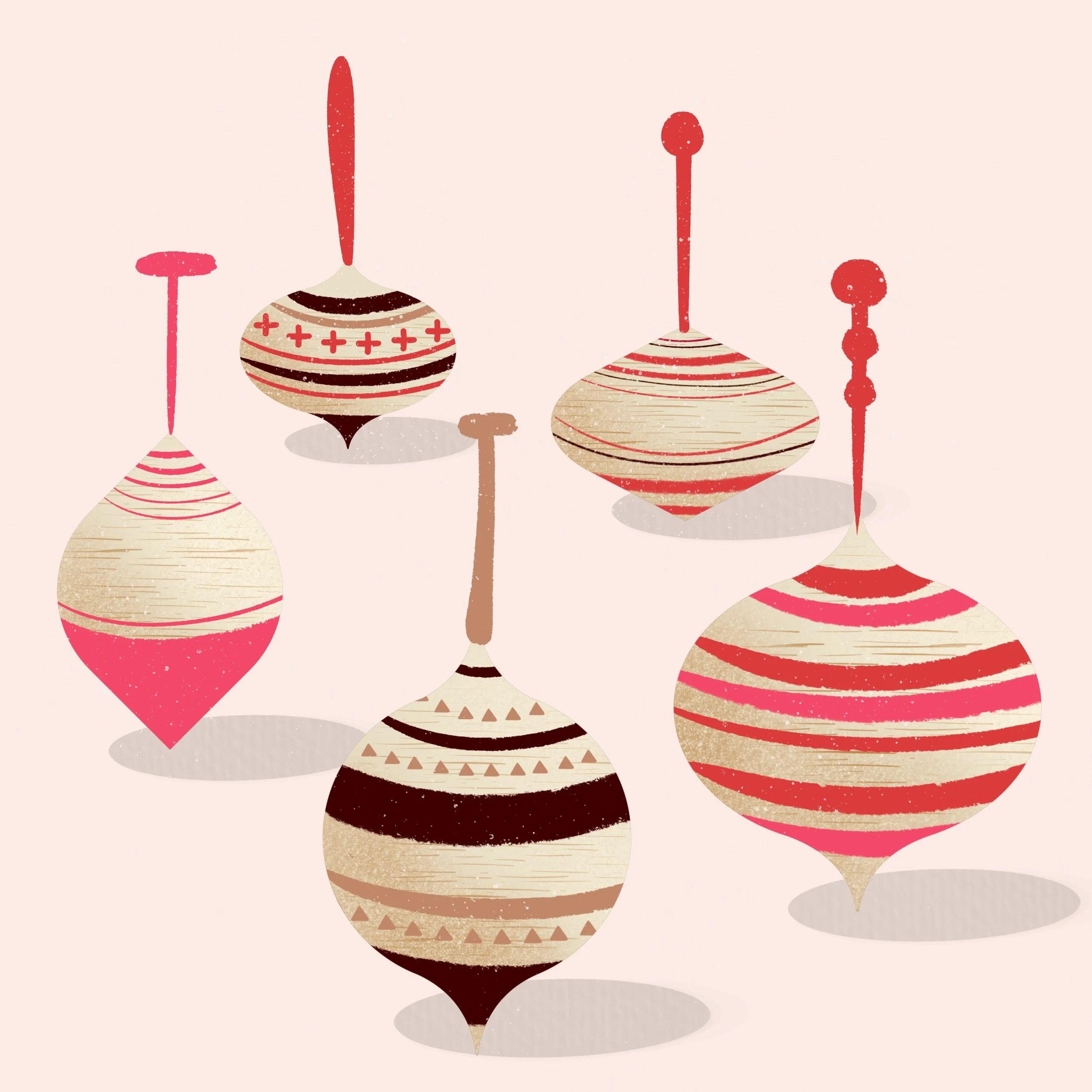 Stylized Christmas ornaments with stripes and plus signs in red, beige, and black colors on a light pink background.