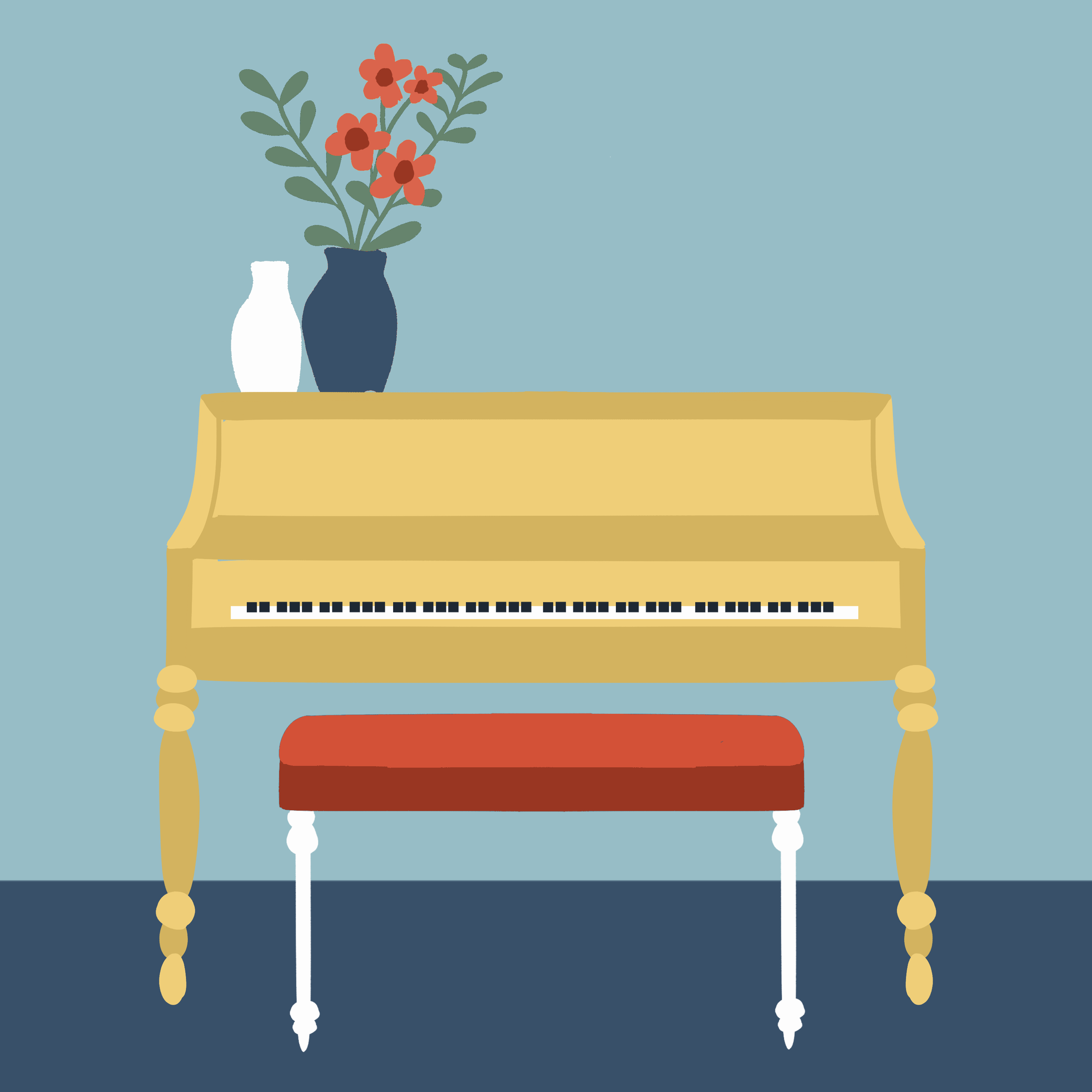 A digital illustration of a wooden table with a beige piano on top, a white vase, a navy blue vase with red flowers, and a red book, set against a blue background.